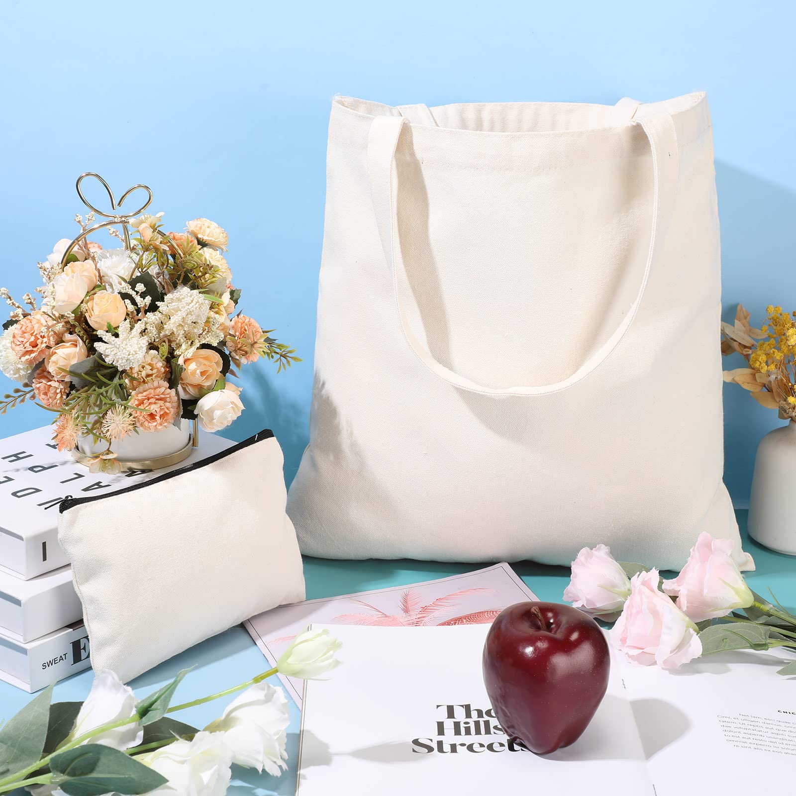 Silkfly 32 Pcs DIY Canvas Tote Bags with Inner Pockets - Reusable Bulk Cosmetic Zipper Makeup Pouches for Gifts (Beige) | Perfect for Travel, Shopping & Organizing Beauty Essentials