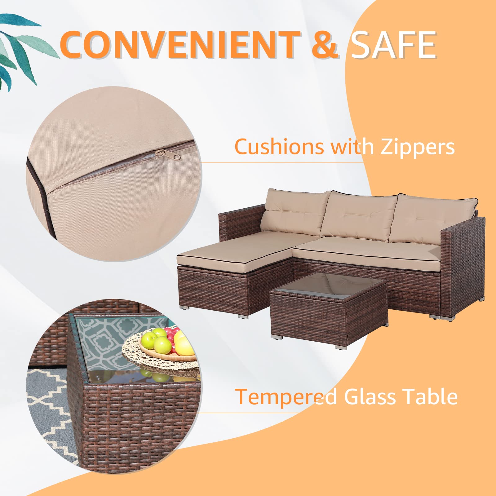 OC Orange-Casual 3-Piece All-Weather Outdoor Patio Furniture Set - Wicker Sectional Sofa with Glass Coffee Table, Brown Rattan & Beige Cushions for Deck, Balcony, Porch, Backyard & Garden Relaxation