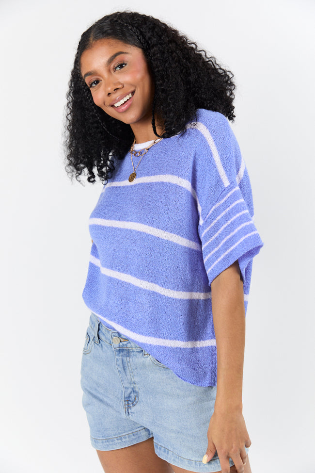 Blue and Ivory Striped Sweater T-Shirt for Women - Soft Cotton Casual Wear | Perfect for Layering, Office Outfits & Weekend Brunch