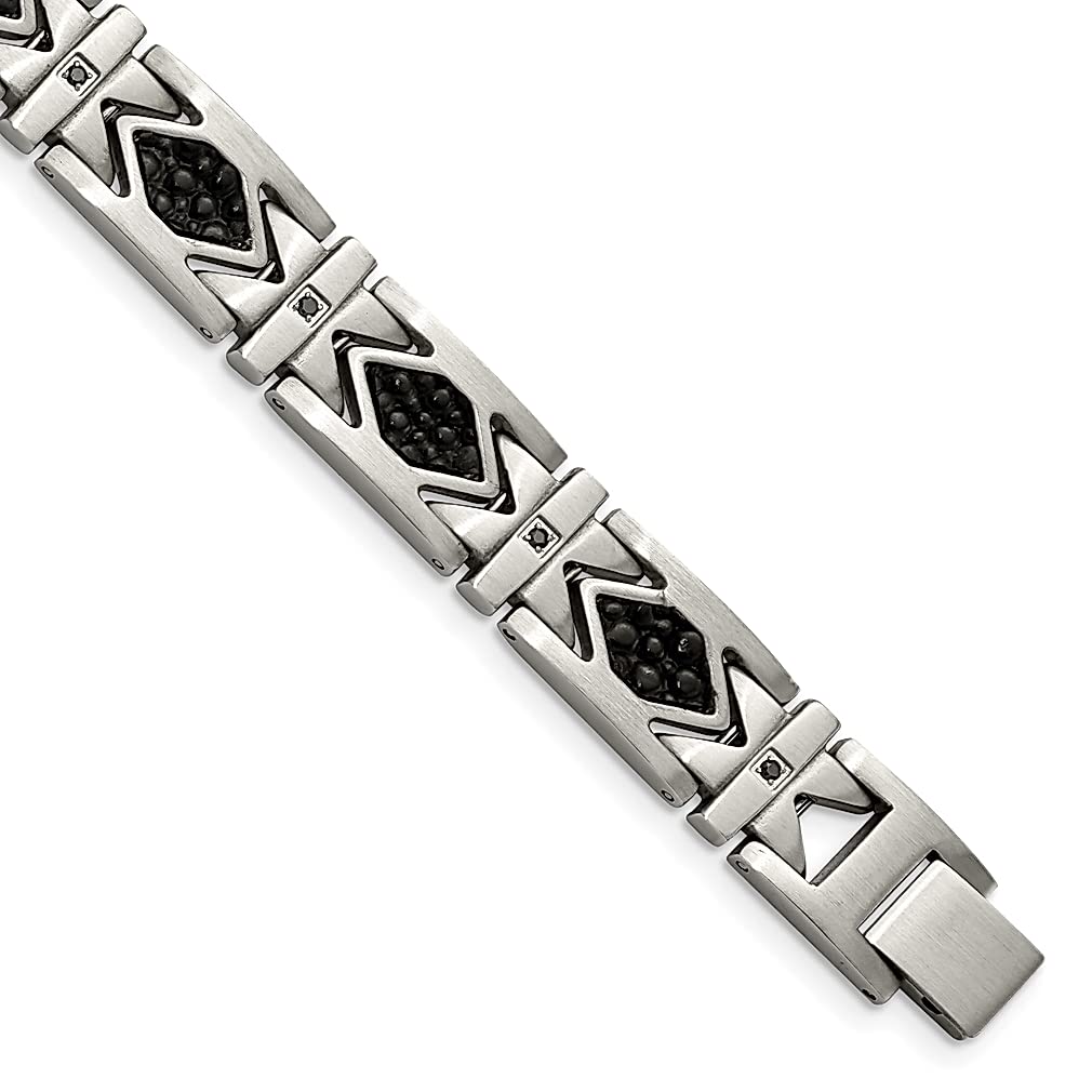 ICE CARATS Stainless Steel Brushed Stingray Textured Black Leather Cubic Zirconia CZ 8.5 Inch Link Bracelet for Men - Trendy Fashion Jewelry Gift for Dad, Husband & Boyfriend - Perfect for Weddings, Anniversaries & Special Occasions