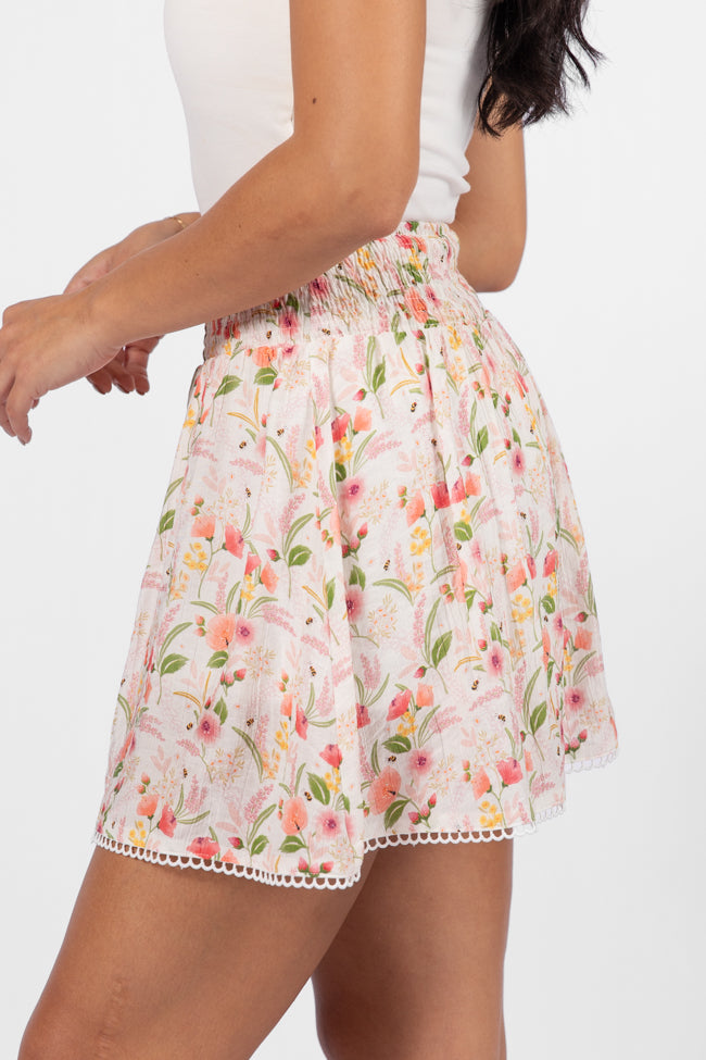 Through The Garden Ivory Multi Floral Eyelet Trim Mini Skort - Women's Floral Lace Skirt Shorts Hybrid for Spring Summer Outfits, Beach Vacations & Casual Wear