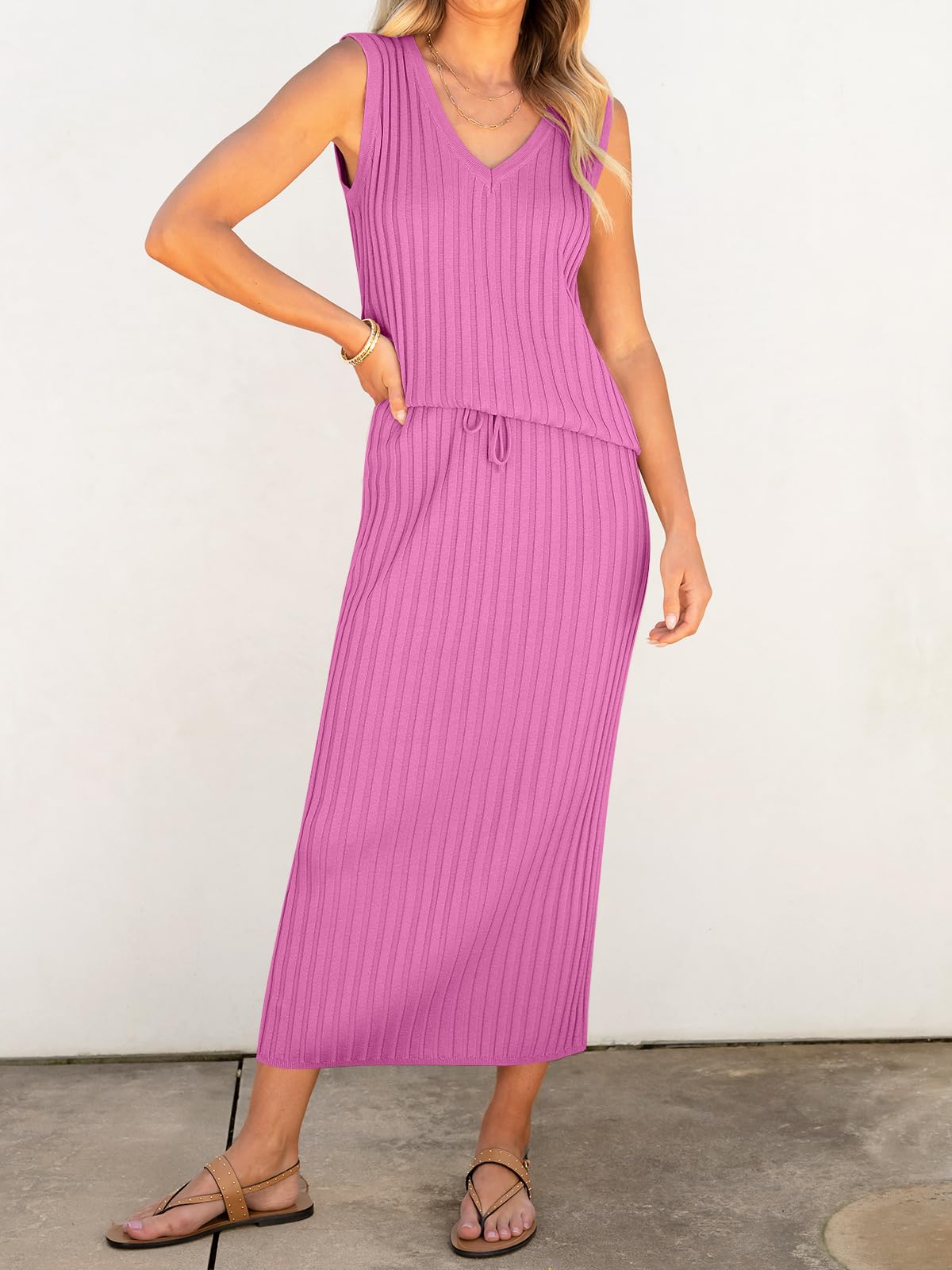 Women's 2 Piece Outfits Summer Sweater Skirt Sets - Casual Sleeveless V Neck Ribbed Vest & Knit Tops with Midi Dress | Perfect for Beach Vacation, Date Night & Office Wear