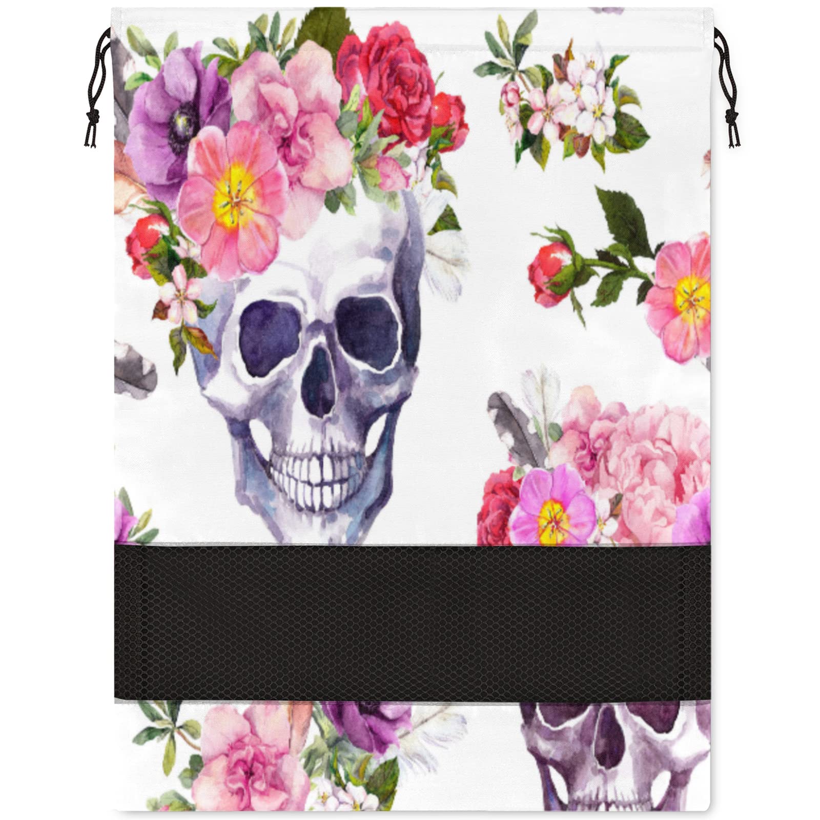 Skull Flower Print Dustproof Breathable Shoe Bags - Portable Travel Shoe Pouch with Drawstring, Collapsible Shoe Storage for Gym, Laundry, Closet & Home Organization | Perfect for Travel, Sports & Daily Storage