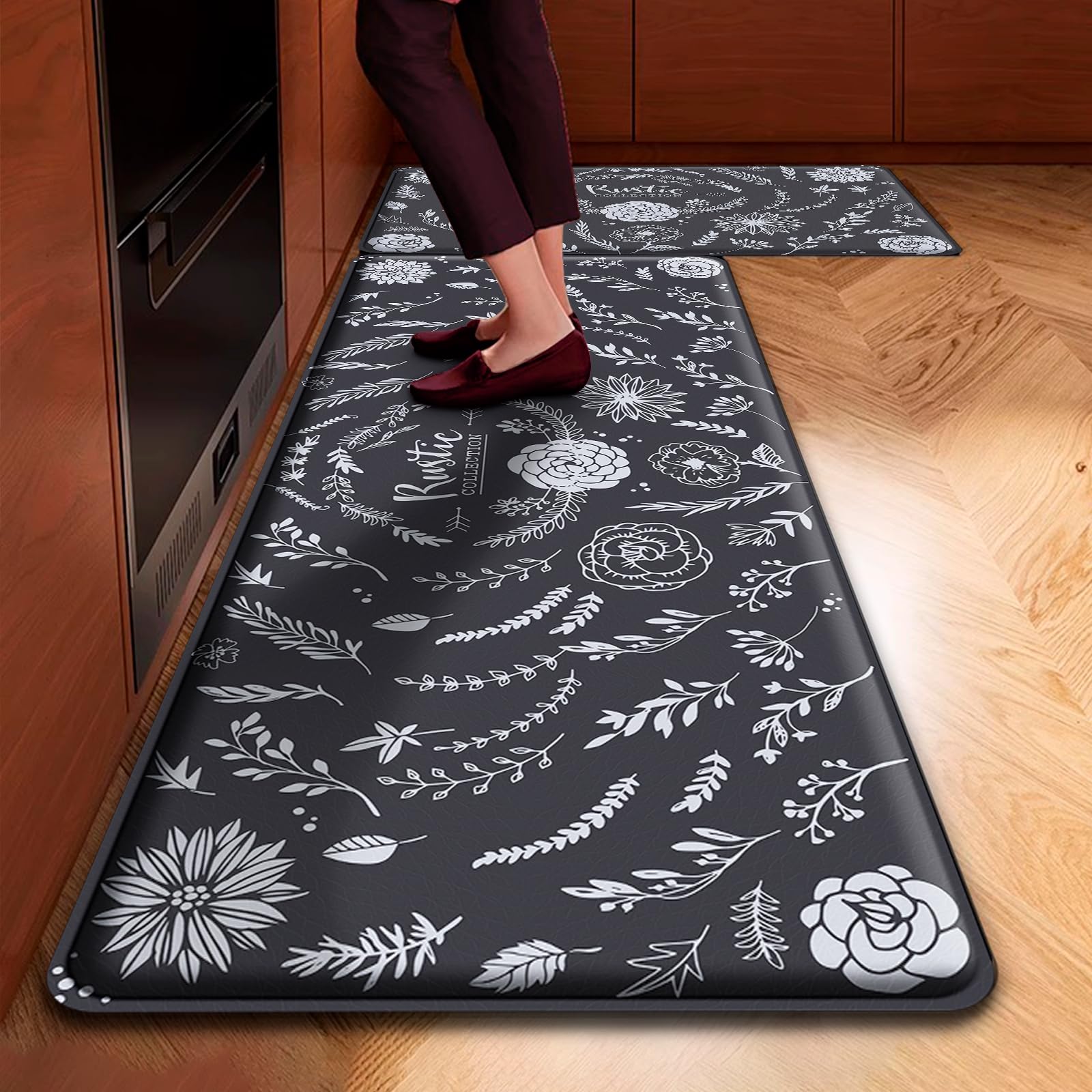 Anti-Fatigue Kitchen Floor Mats Set of 2 - 0.47'' Thick Heavy Duty Cushioned Rugs, Waterproof Non-Slip Standing Mats for Kitchen, Office Desk, Sink & Laundry Areas - Rustic Style for Comfort & Safety
