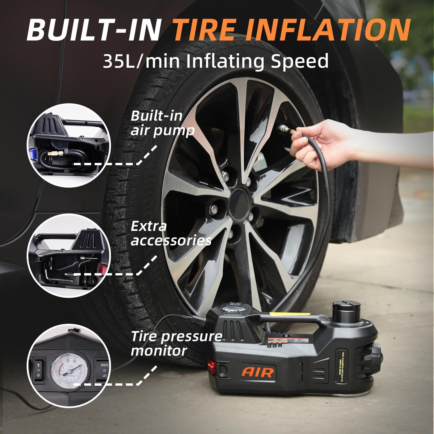5 Ton 12V Electric Car Jack with Tire Inflator Pump - Hydraulic Floor Jack for SUVs & Sedans | Portable Auto Lift with LED Light for Emergency Roadside Repairs & Tire Changes