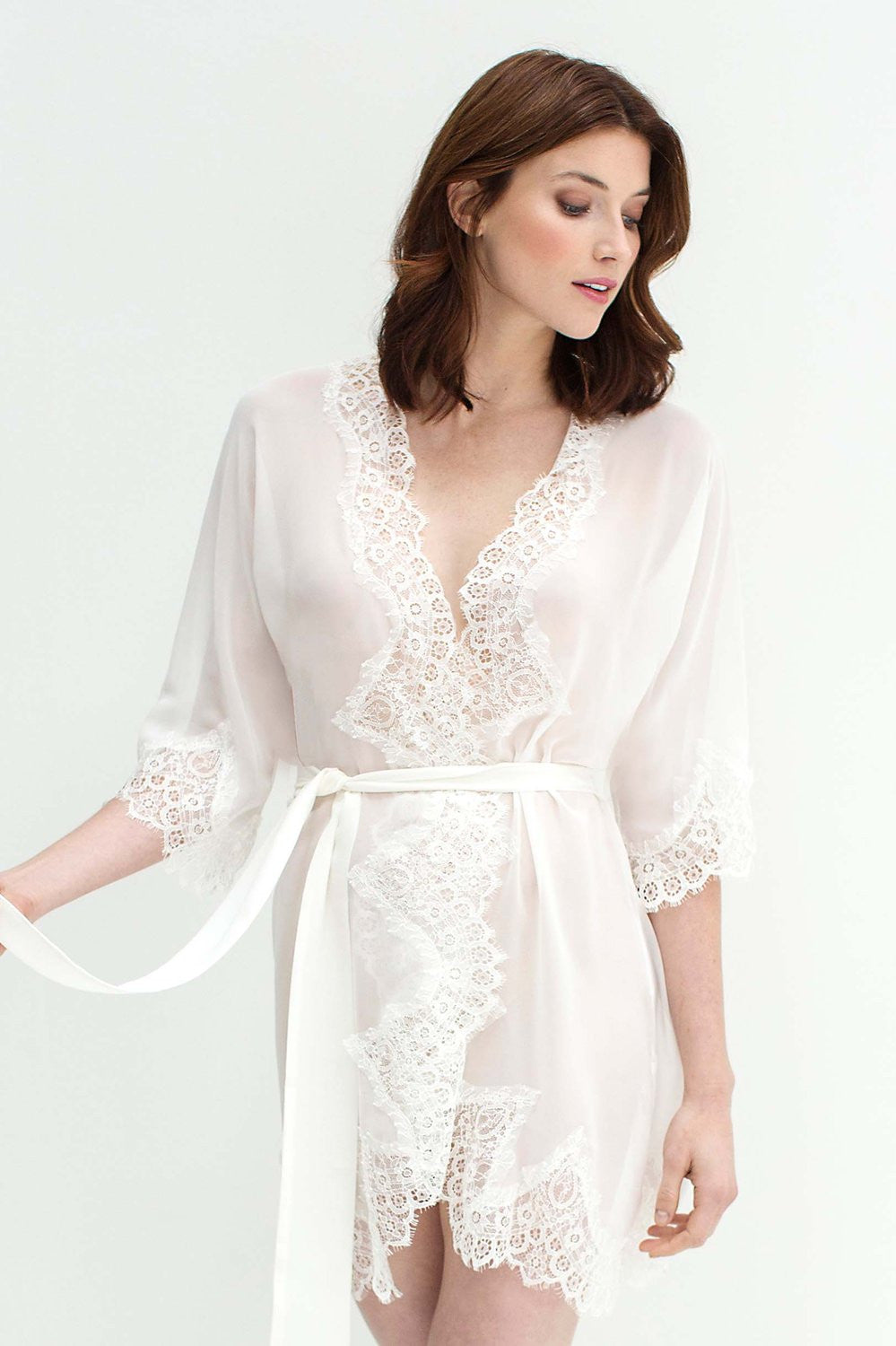 Ivory Lace Silk Chiffon Kimono Robe - Elegant Lingerie Cover Up for Bridal, Boudoir & Special Occasions