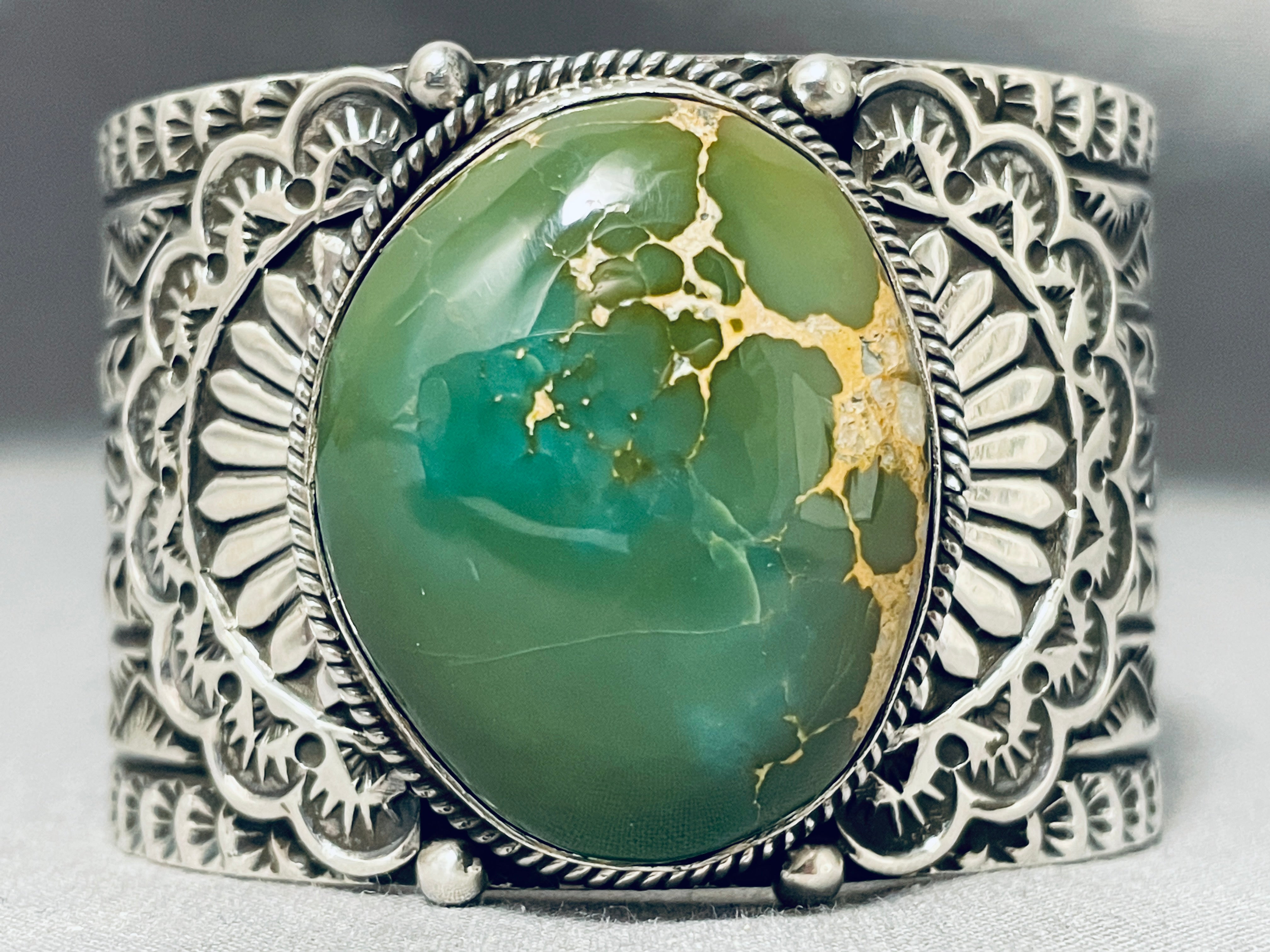 124 Gram Monster Men's Navajo Sterling Silver Bracelet with Green Turquoise - Handcrafted Native American Jewelry for Gifts, Fashion & Ceremonial Wear