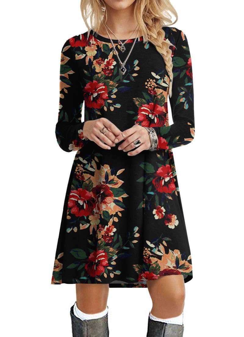POPYOUNG Women's Long Sleeve T-Shirt Dress - Casual Swing Dress with Pockets, Plus Size & Petite Options | Perfect for Fall, Winter, Office Wear & Weekend Outfits