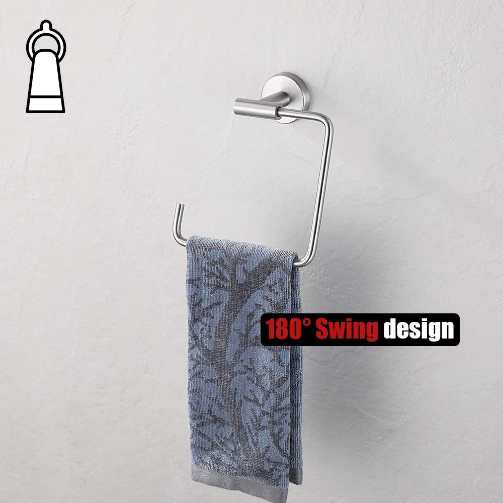 Stainless Steel Square Towel Ring Holder - 6 Inch Brushed Finish Wall Mount for Bathroom (TR140-BN) | Modern Bathroom Accessory for Hand & Face Towels
