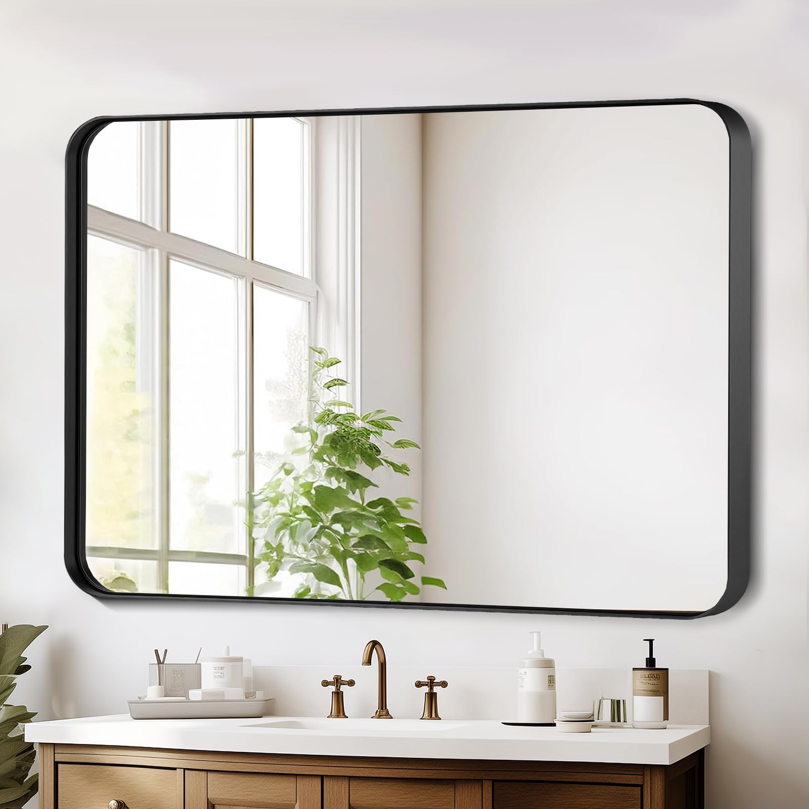 40x30 Inch Black Bathroom Mirror with Brushed Metal Frame - Rectangle Wall Mirror with Rounded Corners for Vanity, Bedroom or Living Room - Perfect for Modern Home Decor & Makeup Area
