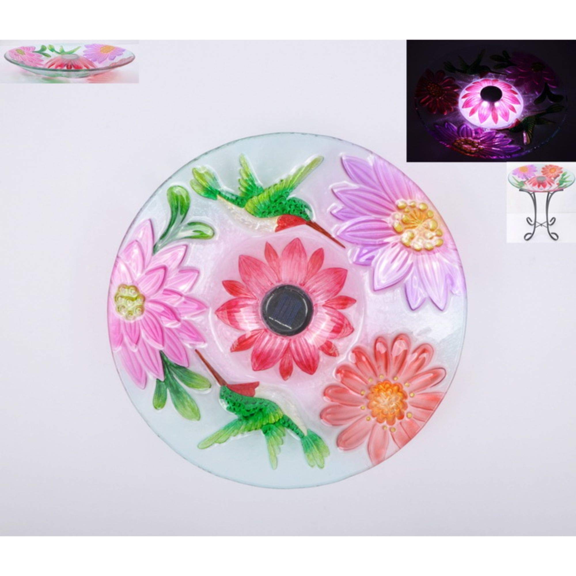Hi-Line Gifts 21-Inch Solar Powered Hummingbird Bird Bath with Pink and Green Floral Design - Perfect for Garden, Patio, and Outdoor Decor