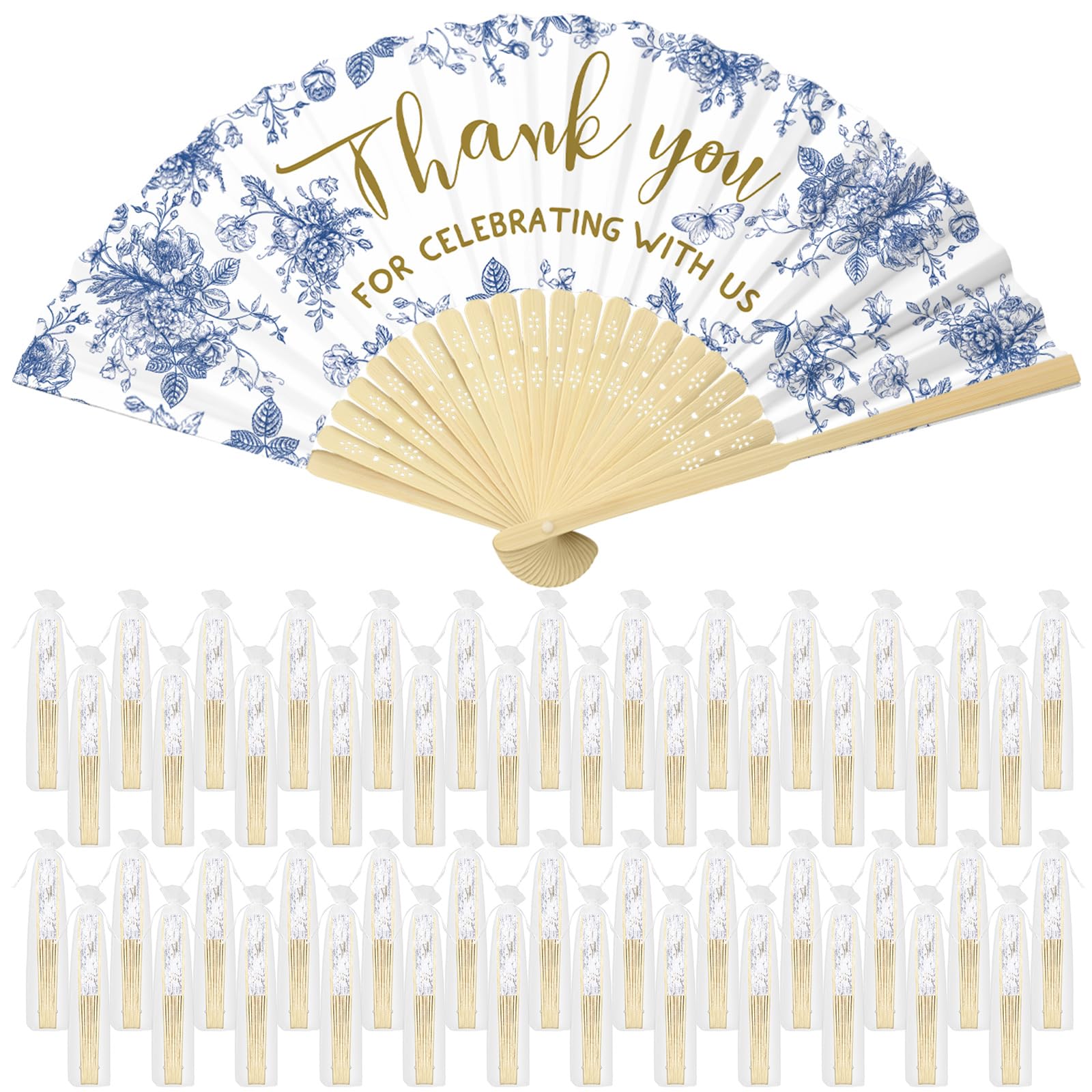 50 Pcs Wedding Hand Fans - Elegant Foldable Paper Fans with Organza Bag, Bridal Shower Favors, Bridesmaid Gifts (Blue White Floral) - Perfect for Outdoor Weddings, Garden Parties & Guest Thank You Gifts