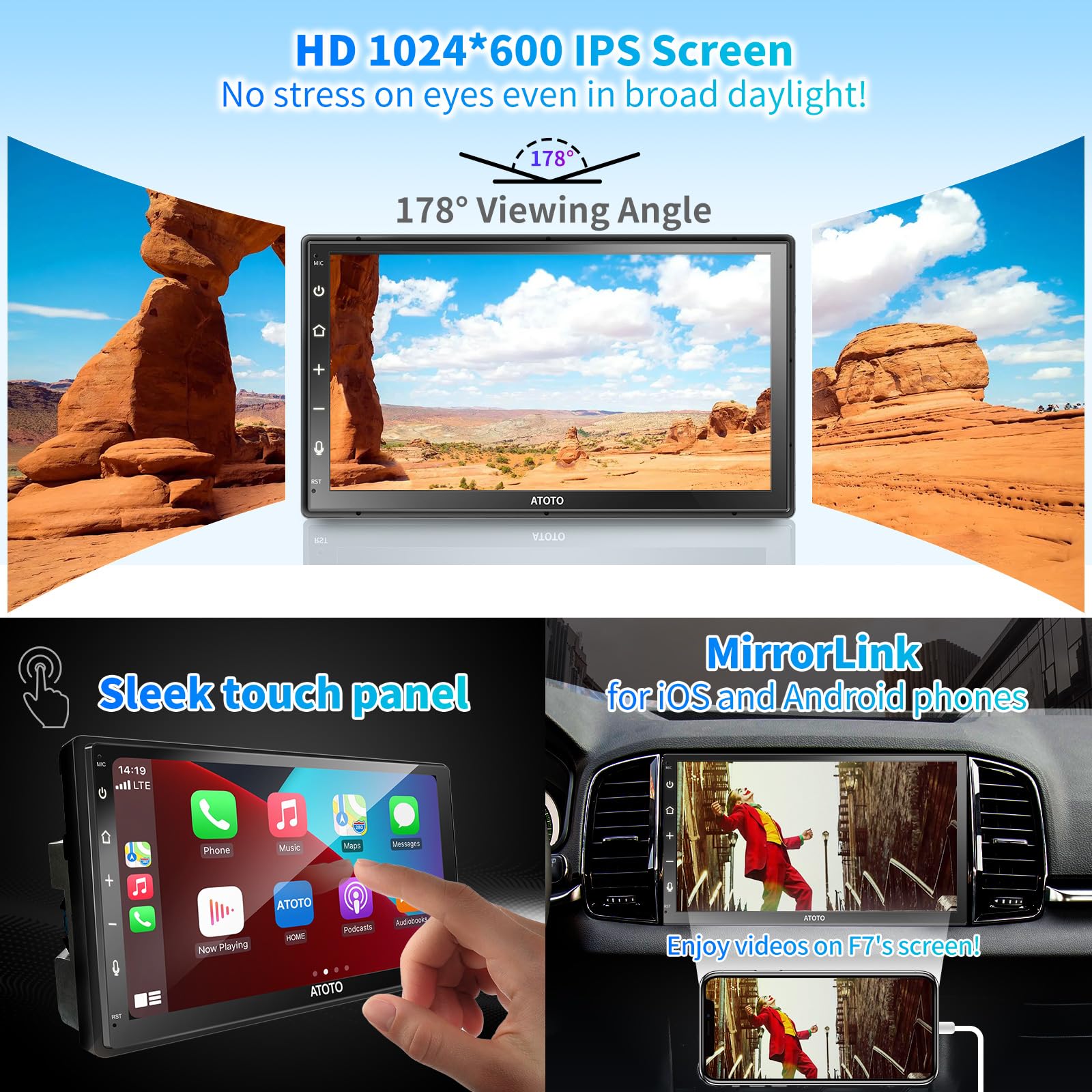 ATOTO F7WE 7-Inch Wireless CarPlay & Android Auto Double DIN Car Stereo with Touchscreen, Bluetooth, AM/FM, HD Radio, Voice Control - Perfect for Road Trips & Daily Commuting