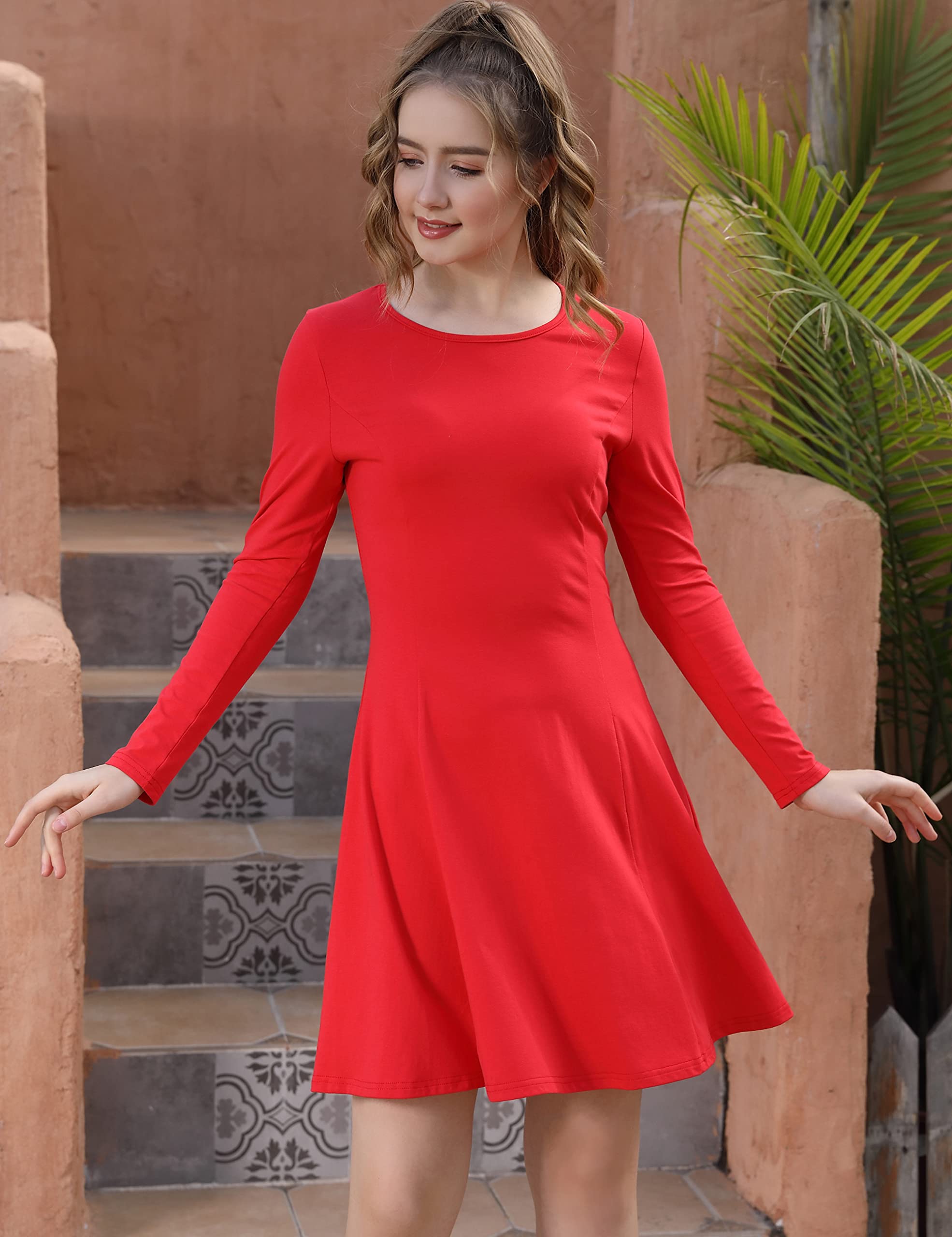 Aphratti Women's Long Sleeve Spring Dresses - Casual Crew Neck A-Line Fit and Flare Skater Dress for Daily Wear, Office, Dating & Special Occasions