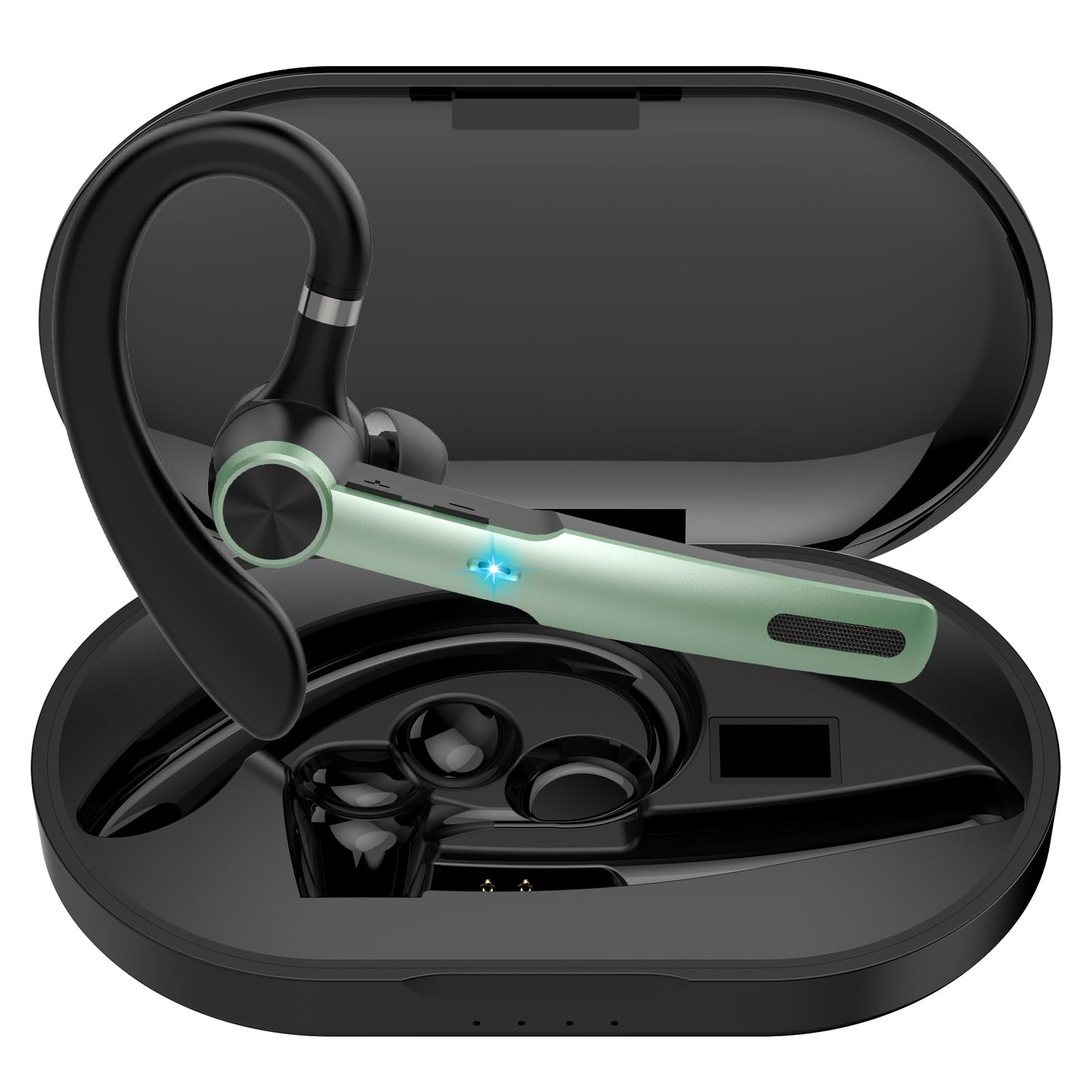 Wireless Bluetooth Headset with ENC Mic - 60H Talk Time, Single-Ear Bluetooth Earpiece V5.3, 400mAh Charging Case, IP7 Waterproof - Hands-Free Headphones for iOS & Android Phones (Green) - Perfect for Driving, Office Calls & Outdoor Activities