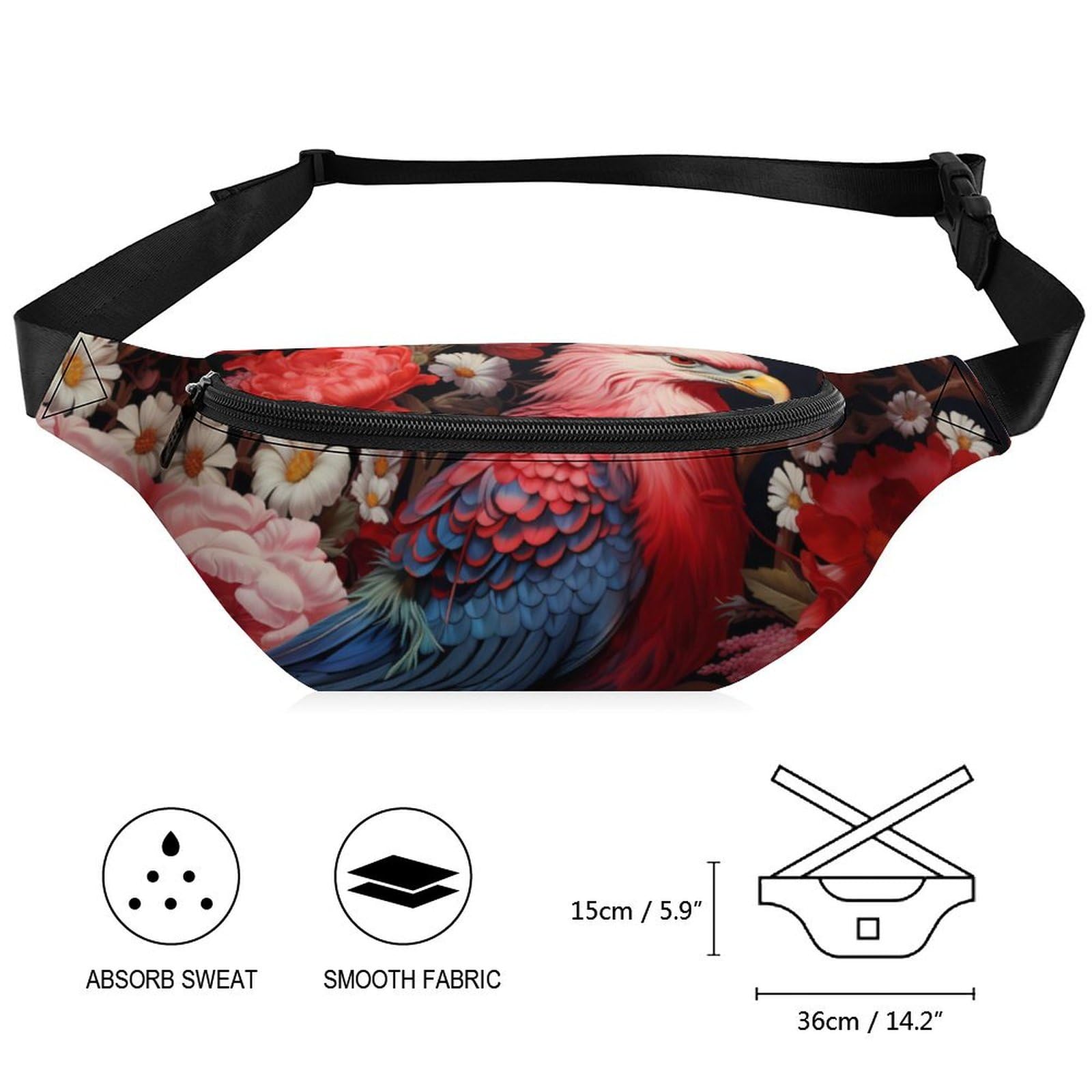 Red Floral Eagle Print Belt Bag - Adjustable Waist Pouch & Crossbody Bag for Women & Men - Perfect for Hiking, Travel, and Outdoor Adventures