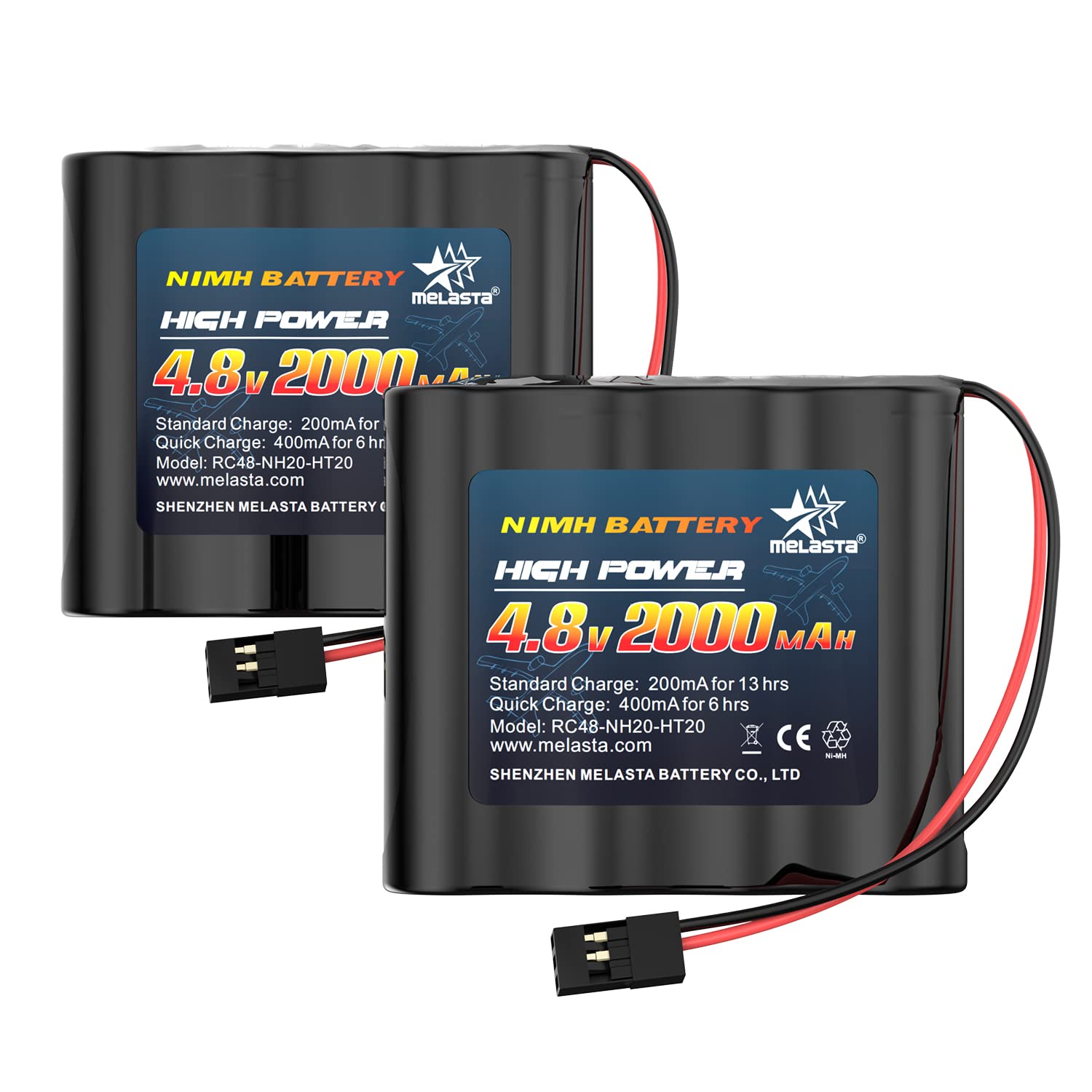 Melasta 2 Pack 4.8V 2000mAh NiMH RC Receiver Battery with Hitec Connectors - Compatible with Futaba RC Airplane Controllers & RC Aircrafts (Includes Tamiya to Hitec Plug, Both Female) - Perfect for RC Hobbyists, Drone Enthusiasts and Remote Control Aircraft Maintenance