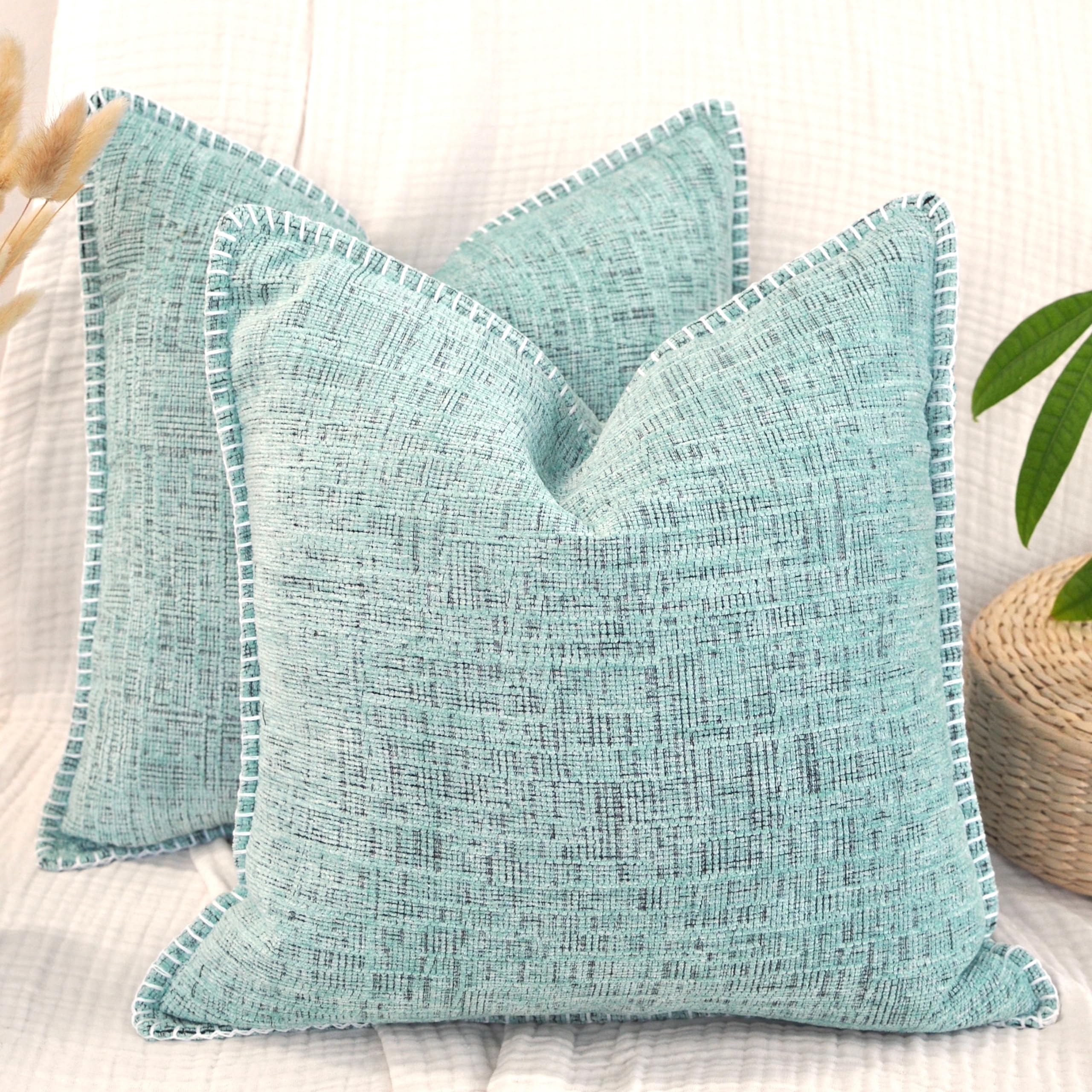 18x18 Inch Mint Green Chenille Pillow Covers Set of 2 - Soft Textured Decorative Square Cushion Covers for Sofa, Couch & Living Room Decor | Cozy Home Accessories for Modern Farmhouse, Apartment & Bedroom Styling