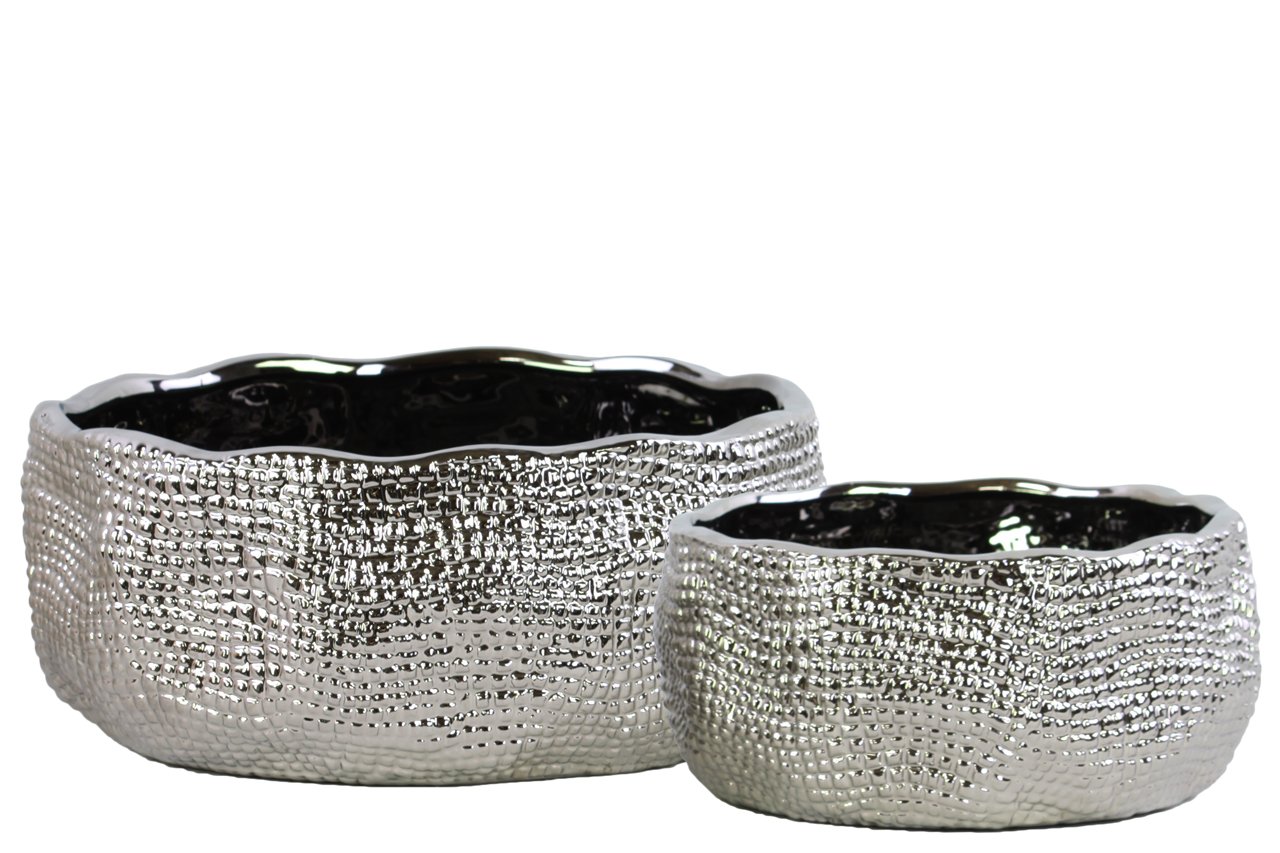 Polished Chrome Ceramic Irregular Round Planter Pots with Textured Rim - Set of 2, Silver - Perfect for Modern Home Decor, Office Plants & Succulent Displays