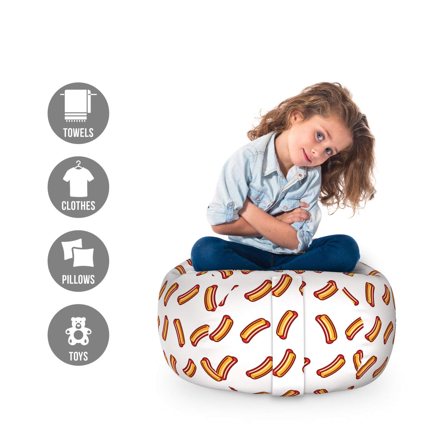 Ambesonne Hot Dog Themed Toy Storage Bag Chair - Washable Stuffed Animal Organizer with Food Pictogram Design, Small Size in Orange Burgundy - Perfect for Kids' Room, Playroom or Dorm Organization
