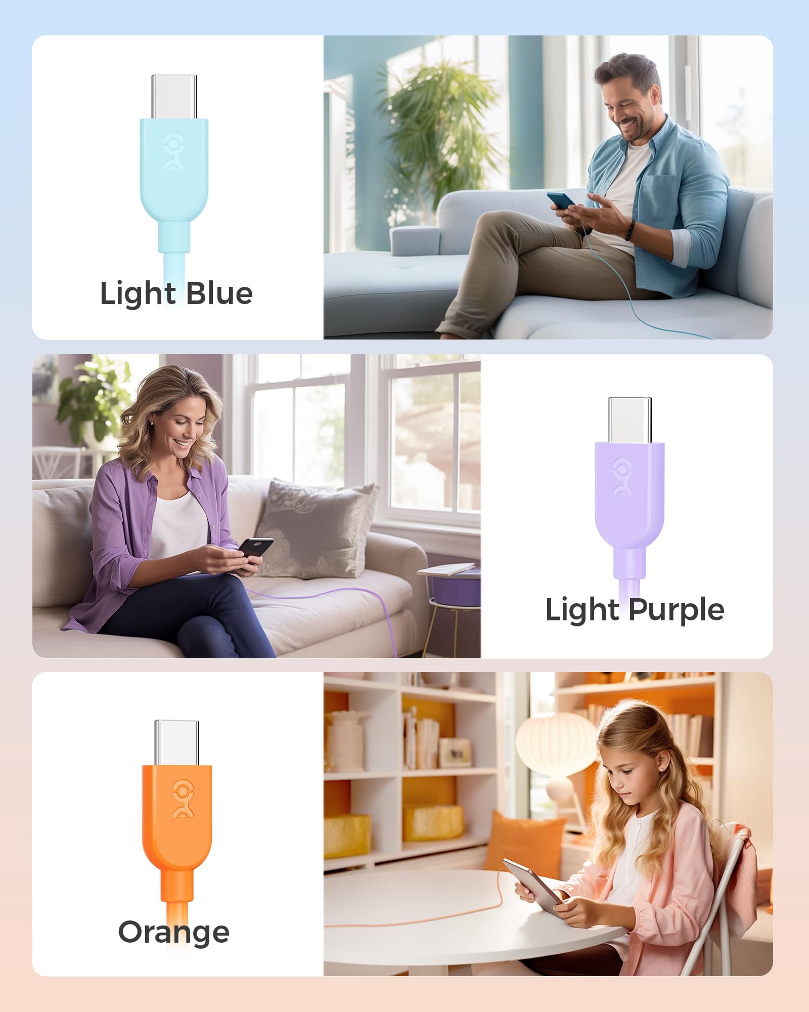 Cable Matters 3-Pack Multi-Color USB A to USB C Fast Charging Cable 3A 1.8m (6ft) - Orange, Blue, Purple | Compatible with iPhone 15, Samsung Galaxy S23, Google Pixel | Fast Charging for Smartphones, Tablets, Laptops | Home, Office, Travel Use