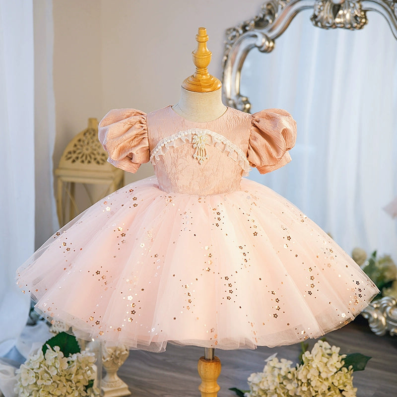 Pink Princess Round Tea Length Satin Flower Girl Dress for Weddings, Flower Girls, and Special Occasions