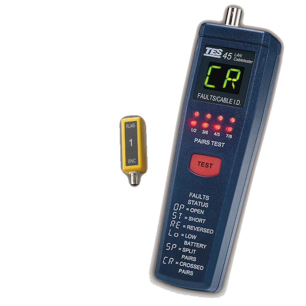 Professional TES 45A CAT-5 Ethernet Cable Tester - Network RJ45 LAN Wire Tester for Home, Office & Data Center Use - Quickly Diagnose Open, Short & Miswired Connections