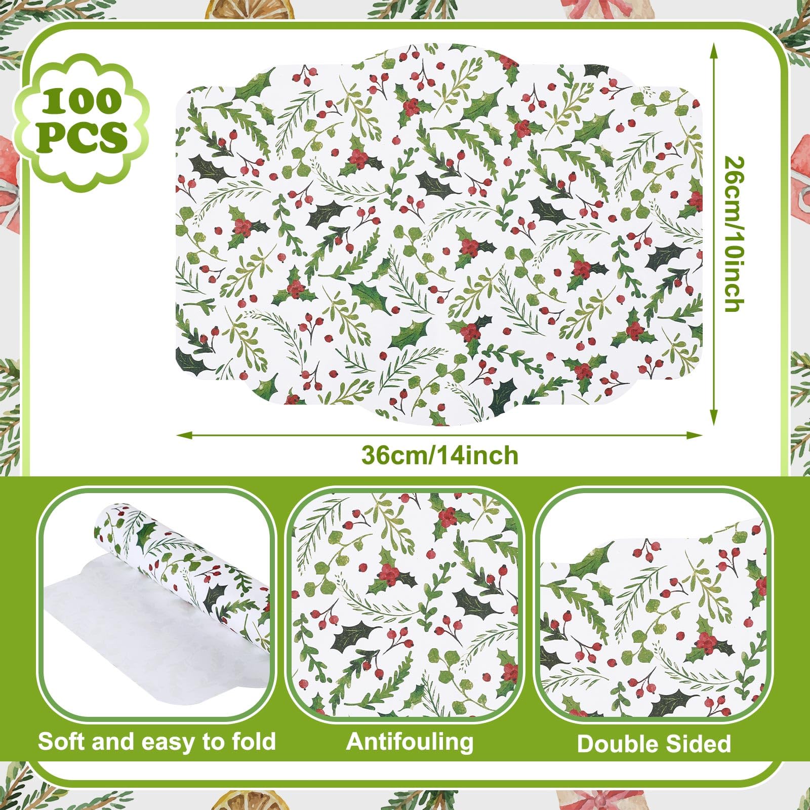 Lallisa 100-Pack Christmas Berry Paper Placemats 14x10 Inch - Disposable Rectangle Table Mats for Dining, Kitchen, Holiday Parties | Perfect for Christmas, Weddings & Festive Gatherings
