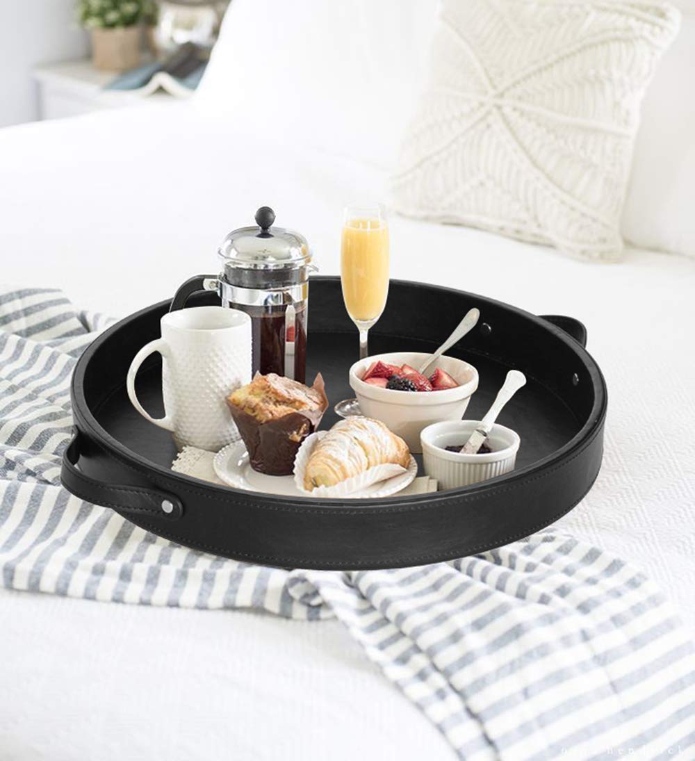 HofferRuffer 14.6-inch Round PU Leather Serving Tray with Handles - Decorative Vanity Catchall Tray, Coffee Table Tray for Home & Office (Black) | Perfect for Serving Drinks, Organizing Jewelry, or Displaying Decor