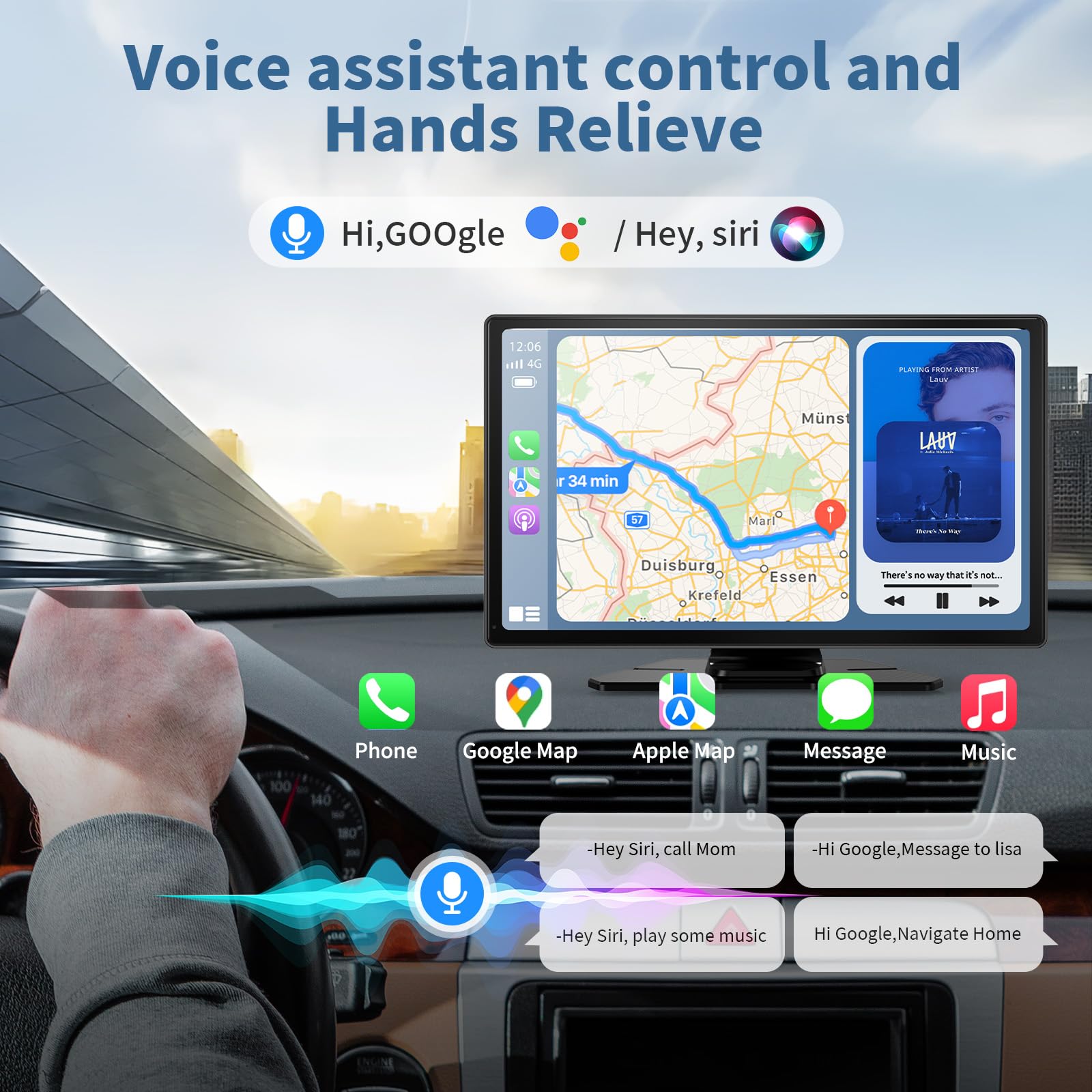 9 Inch HD Portable Wireless CarPlay Screen for Car & Android Auto - 4K Dash Cam, 1080P Backup Camera, Mirror Link, Navigation, Voice Control, Bluetooth - Perfect for Road Trips & Daily Commuting