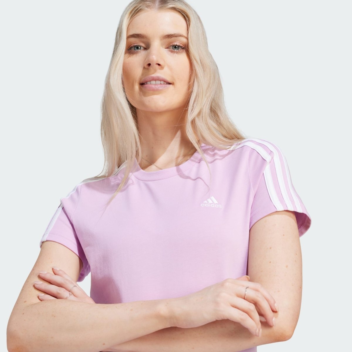 Adidas Women's Essentials Slim 3-Stripes Purple T-Shirt - Athletic Casual Tee for Workouts, Running & Everyday Wear