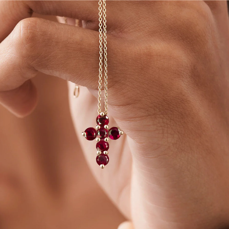 Natural Ruby Gemstone Cross Pendant Necklace for Women - Genuine 925 Sterling Silver Jewelry - Perfect for Gifts, Weddings & Everyday Elegance