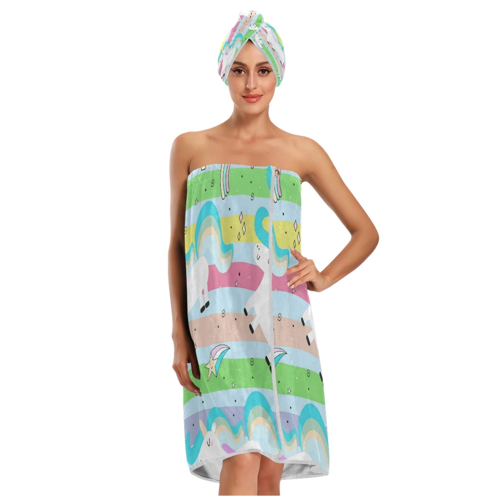 **Unicorn Rainbow Stripes Women's Bathrobe Set - 3-Piece Absorbent Spa Towel Robe with Adjustable Closure, Headband & Hair Wrap - Soft Bath Body Wrap for Women & Teens - Perfect for Spa, Pool & Relaxation at Home**