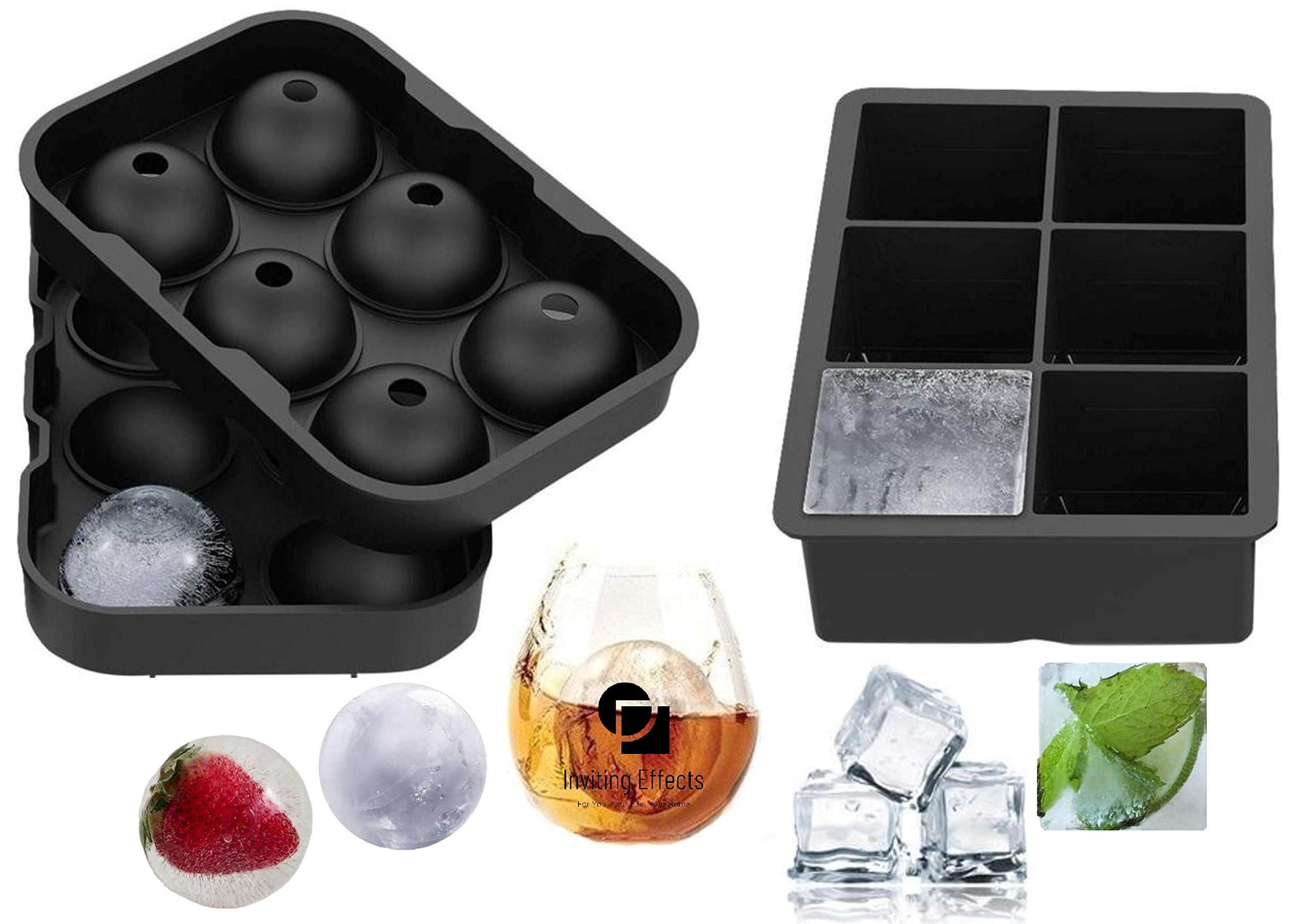 Premium Silicone Ice Cube & Ice Ball Mold Set of 2 with Lids - Large Reusable Freezer Trays for Cocktails, Whiskey, Beverages & Party Drinks