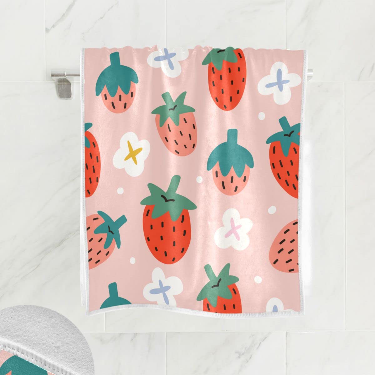 **Wamika Pink Strawberry Hand & Bath Towel Set - Super Absorbent 2-Piece for Shower, Kitchen, Gym & Bathroom - Soft & Quick-Drying with Cute Fruit & Flower Design**