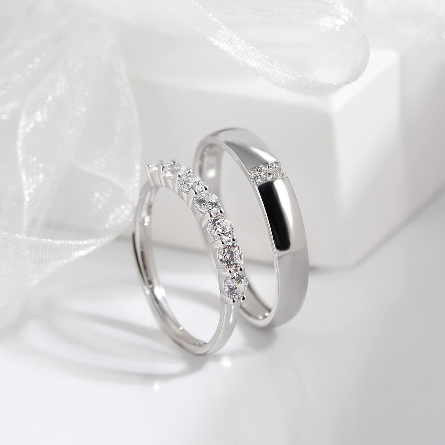 Meissa Sterling Silver Couple Rings - Dainty Wedding Bands for Men & Women, Promise Rings with 7 Cubic Zirconia Stones, Matching Adjustable Size (Set of 2) - Perfect for Anniversaries, Engagements & Romantic Gifts