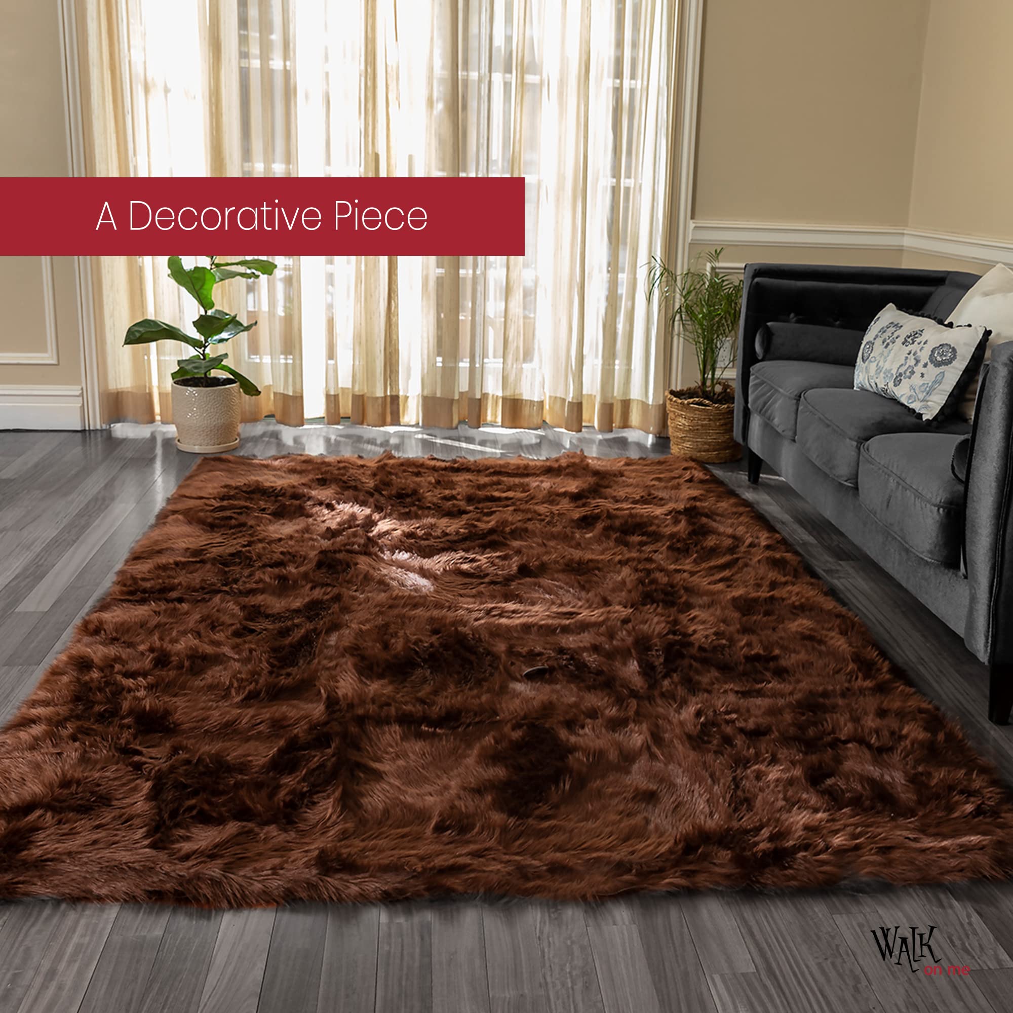 6x9 ft Soft Faux Fur Area Rug - Brown Fluffy Sheepskin Rug for Living Room, Bedroom, Nursery | Machine Washable Non-Slip Rectangle Rug for Cozy Home Decor & Kids Room