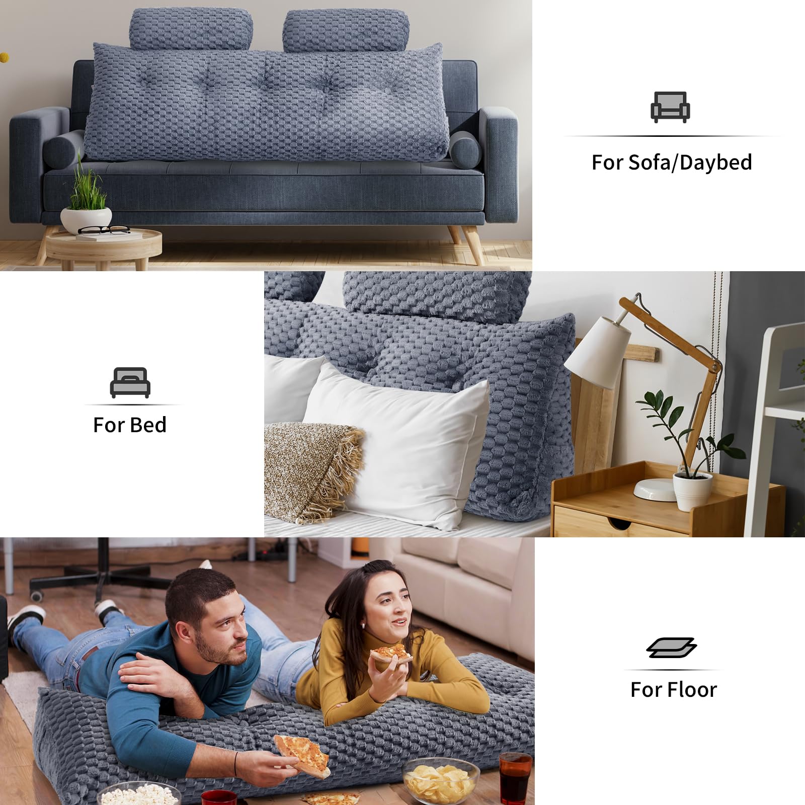 **Large Wedge Headboard Pillow for Bed - Triangular Backrest Pillow with Neck Roll Support (76x8x20 Inches, Grey) - Perfect for Sitting in Bed, Reading, Watching TV & Relaxing**