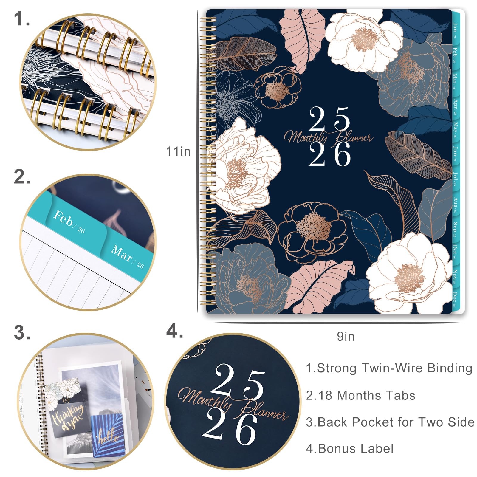 2025-2026 Monthly Planner Calendar | July 2025-December 2026 | 8.5 x 11 Inches | Floral Design with Back Pocket & Twin-Wire Binding | Perfect for Work, School & Personal Organization
