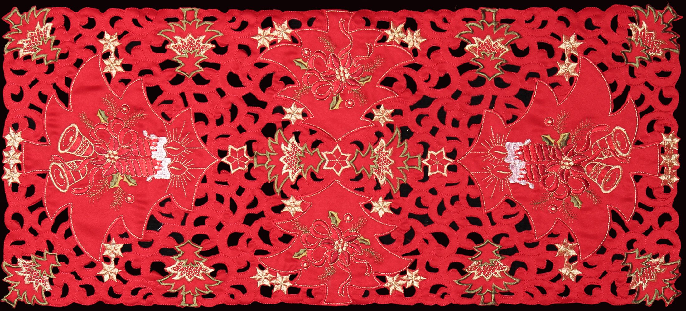 Elegant Holiday Table Runner - 15x34 Inch Christmas Embroidered Poinsettia & Bell Design in Red & Gold - Perfect for Dining Table Decor, Fireplace Mantel, and Holiday Party Centerpiece