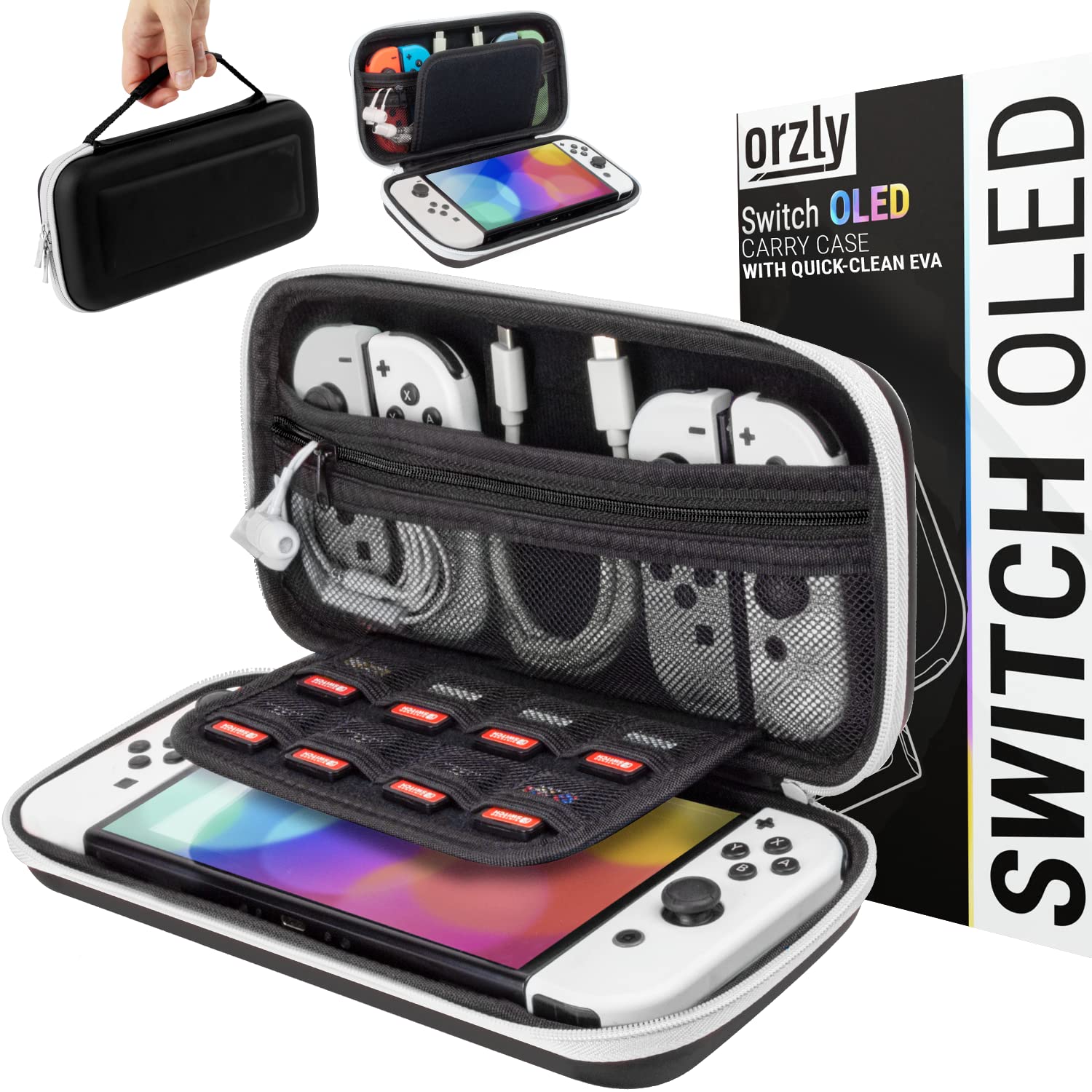 Orzly Protective Carrying Case for Nintendo Switch OLED Console - Durable Travel Case with Accessories & Game Storage Compartment - Easy Clean Design - Perfect for Travel, Gaming on the Go & Gift Giving