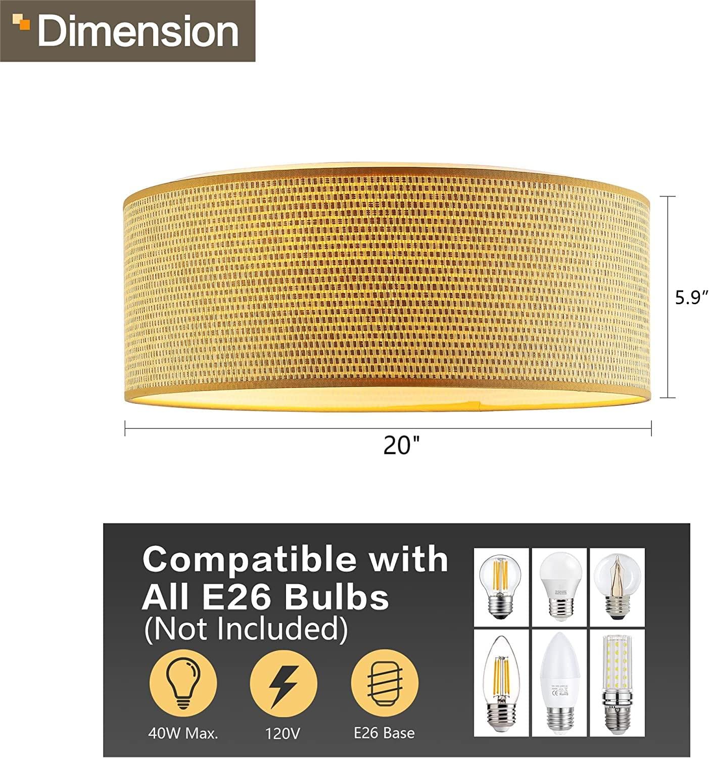 WINGBO 20 Inch Modern 5-Light Flush Mount Ceiling Light Fixture with Fabric & Acrylic Double Drum Shade - Elegant Lighting for Bedroom, Living Room, Dining Room, Hallway & Entryway in Flaxen - Perfect for Home Decor and Ambient Lighting