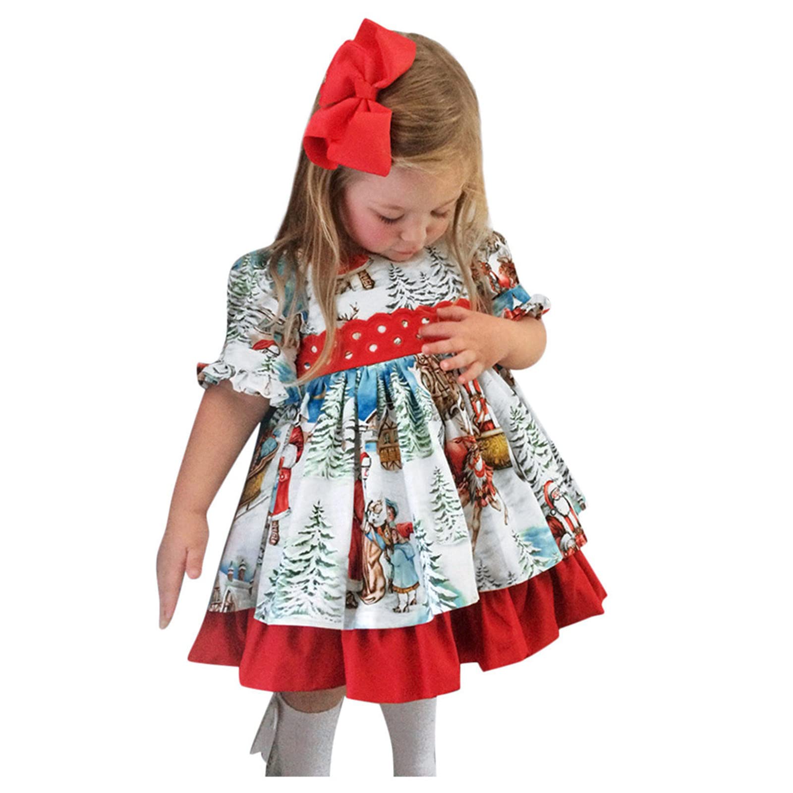 Bmisegm Toddler Baby Girls Christmas Dress - Short Sleeve Floral Print Collar Bowknot Princess Party Dress for Holiday Photos, Xmas Pageants & Family Gatherings