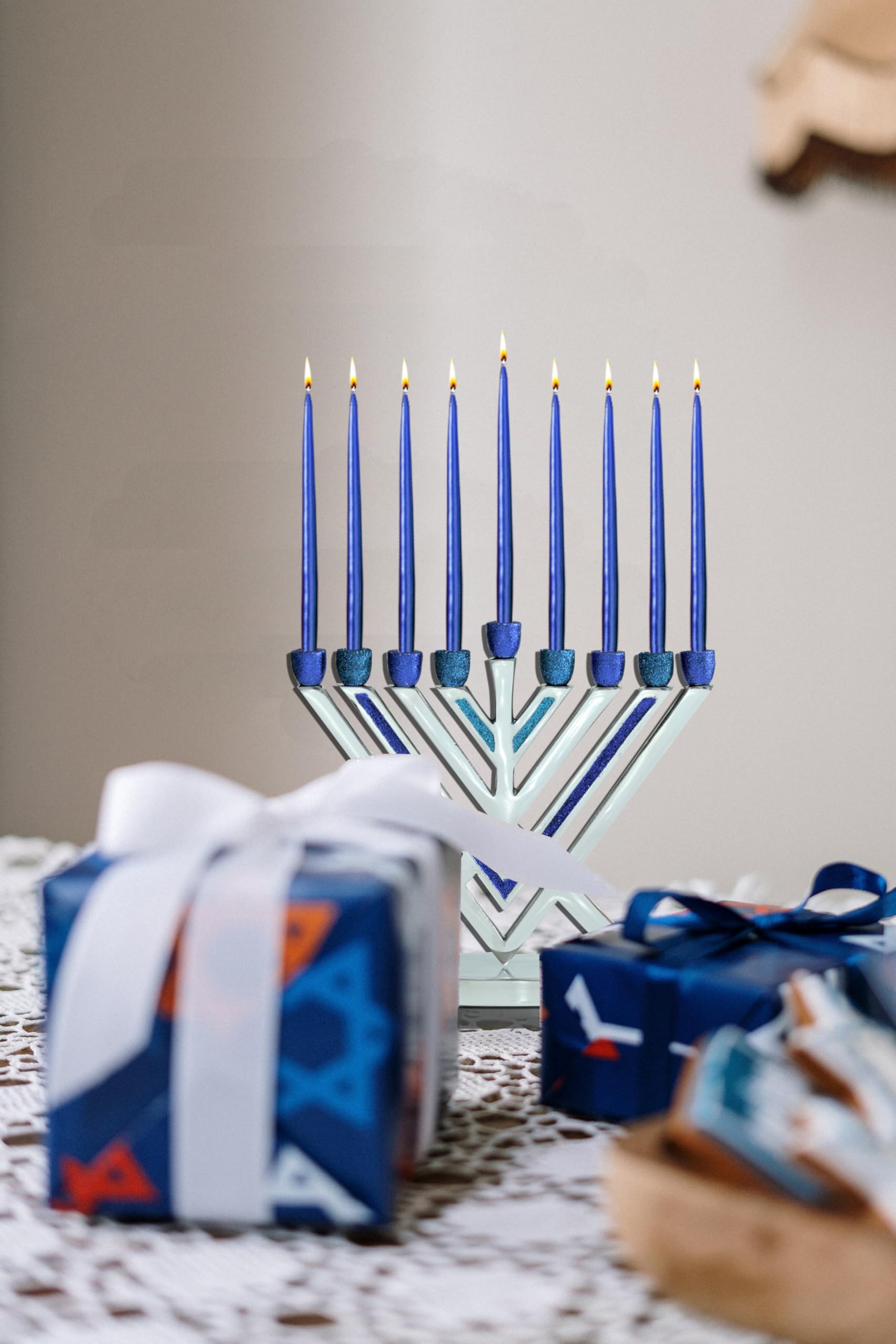 Blue Glitter Aluminum Chabad Hanukkah Menorah - Modern Artistic Decorative Candle Menorah for Chanukah - Fits All Standard Hanukkah Candles - Perfect for Home Decor, Jewish Holidays & Gift Giving