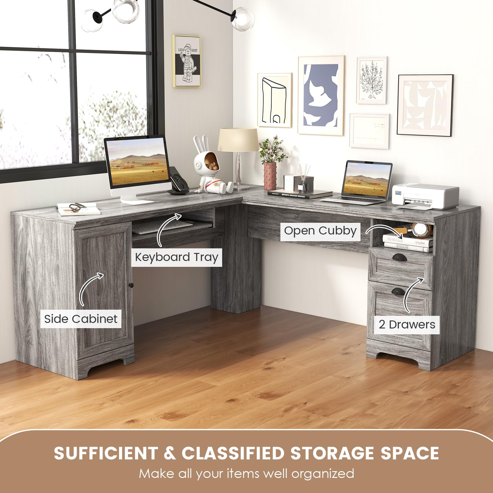 GOFLAME 66 Inch L-Shaped Computer Desk with Drawers & Cabinet - Spacious Corner Office Desk with Keyboard Tray, Ergonomic Gaming Workstation for Home Office, Study Room or Bedroom (Gray) - Perfect for Remote Work, Online Classes & PC Gaming Setup