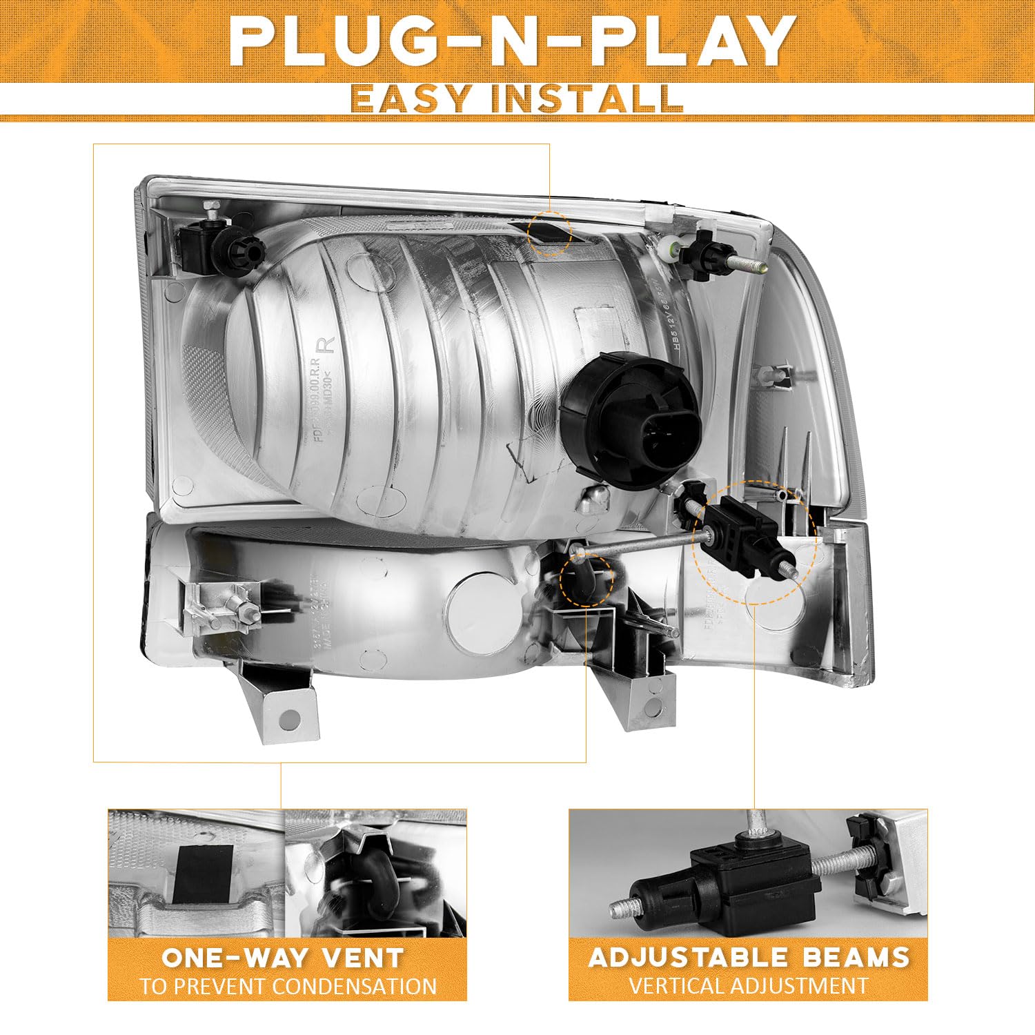 Ford Super Duty F250 F350 Headlight Assembly with Bulbs for 99-04 Models - Perfect for Night Driving & Off-Road Use