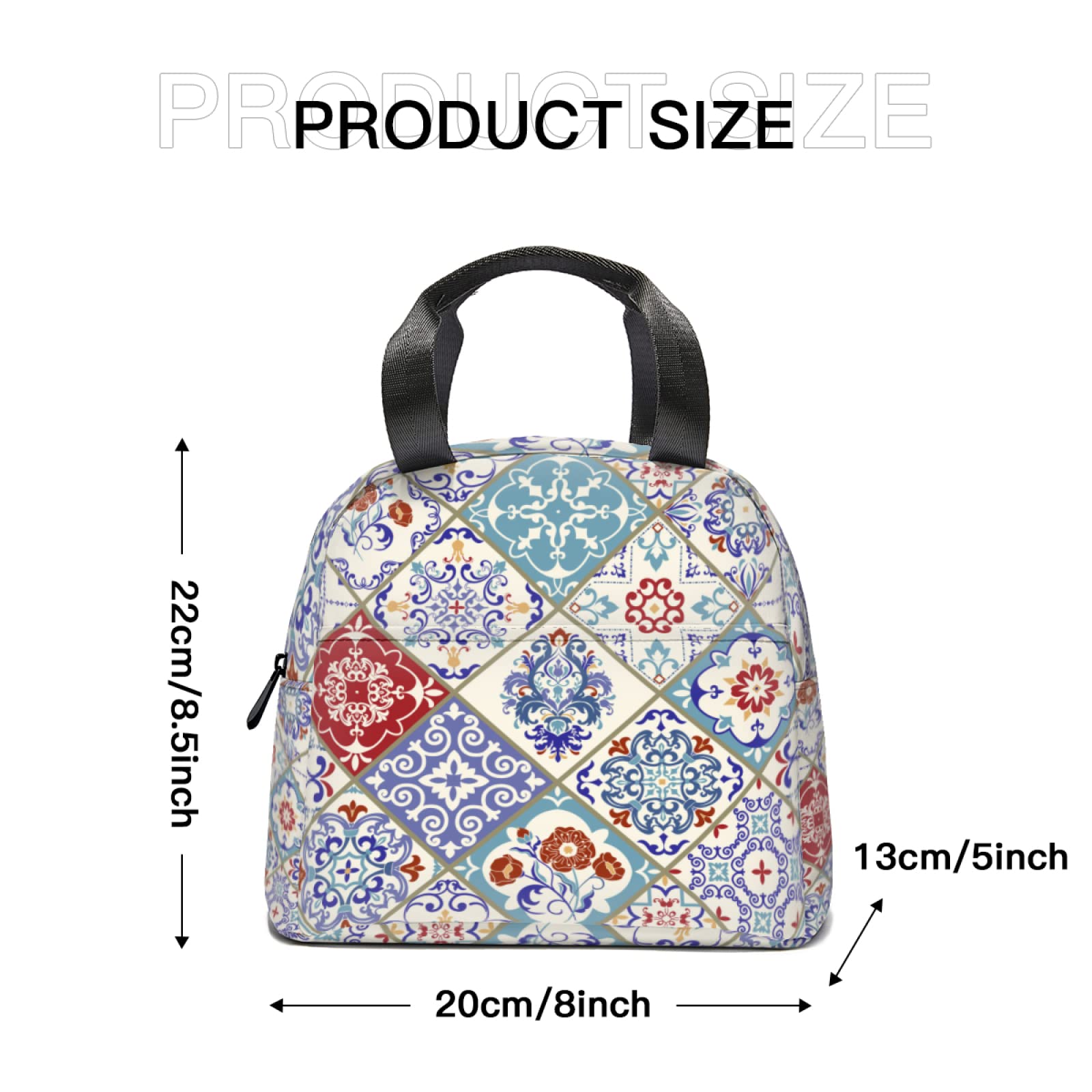 Turkish Style Retro Pattern Lunch Tote Bag - Insulated Reusable Lunch Box with Front Pocket for Women & Men - Perfect for School, Work, Picnic & Outdoor Activities