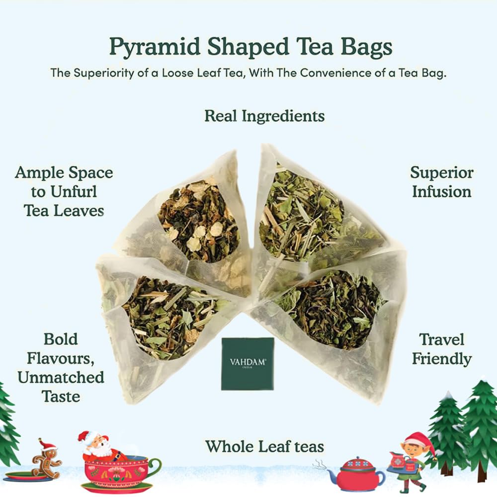 VAHDAM Merry Christmas Tea Gift Set - 9 Individually Wrapped Tea Bags (Limited Edition, Gluten Free, Non-GMO) | Perfect Holiday Gift for Women & Men | Ideal for Office Parties, Family Gatherings & Cozy Winter Evenings