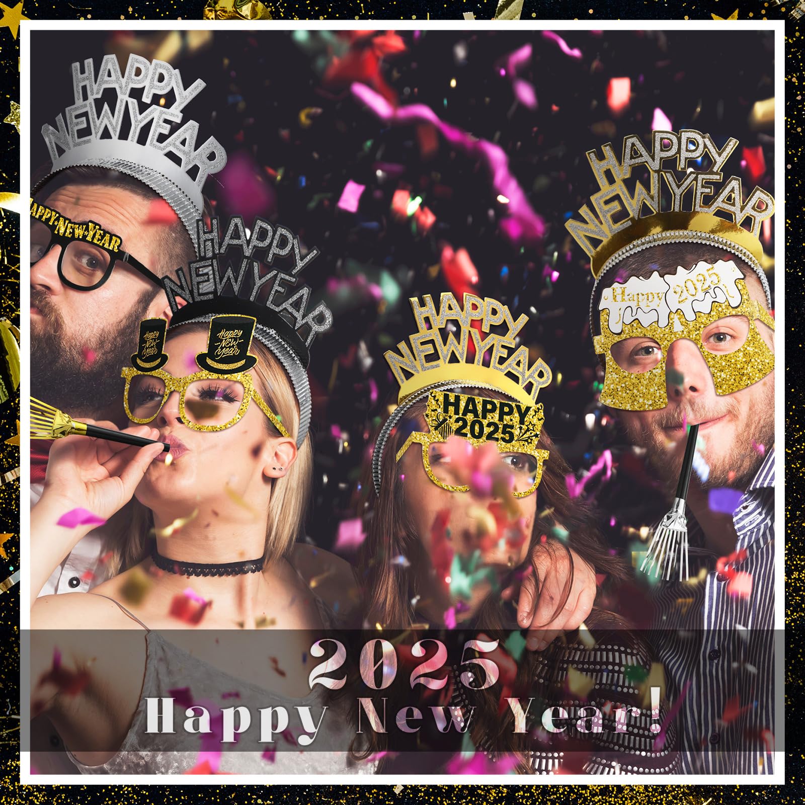 72 Pcs New Years Eve Party Supplies 2025 - Happy New Year Glasses, Headbands, Tiaras & Noise Makers for Countdown Celebration - Perfect for NYE Parties, Ball Drop Events & Festive Gatherings
