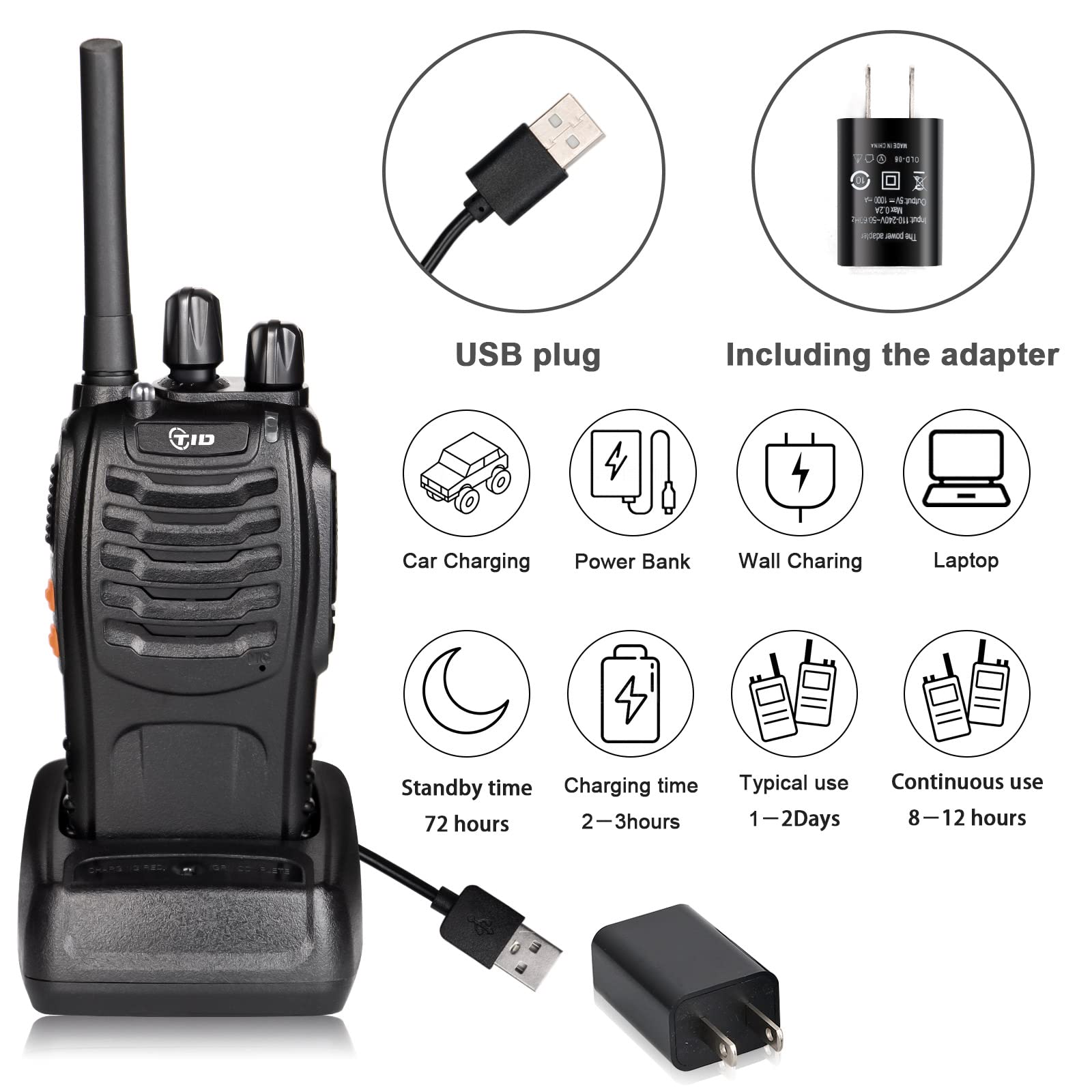 TIDRADO Long Range Walkie Talkies for Adults - 10 Pack Rechargeable Two Way Radios with 16CH, Frequency Copy, VOX & Flashlight - Ideal for Business, Outdoor Adventures & Emergency Communication (Black)